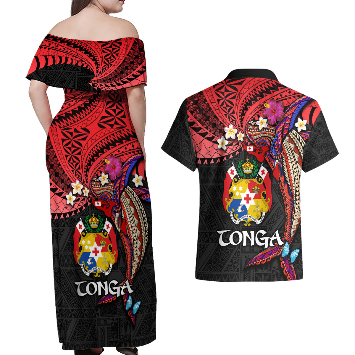 Tonga Emancipation Day Couples Matching Off Shoulder Maxi Dress and Hawaiian Shirt Ngatu Humpback Whale Polynesian Flower