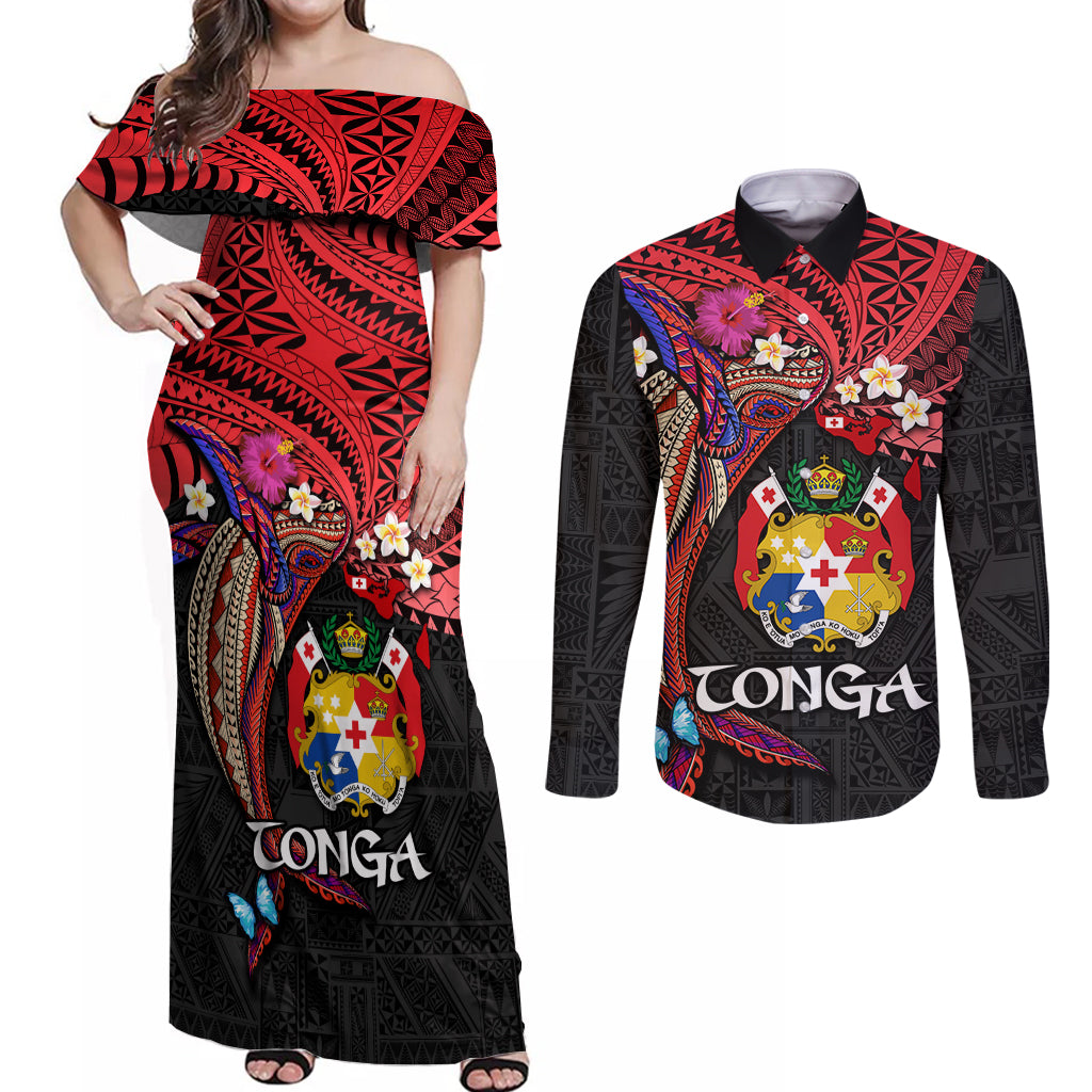 Tonga Emancipation Day Couples Matching Off Shoulder Maxi Dress and Long Sleeve Button Shirt Ngatu Humpback Whale Polynesian Flower