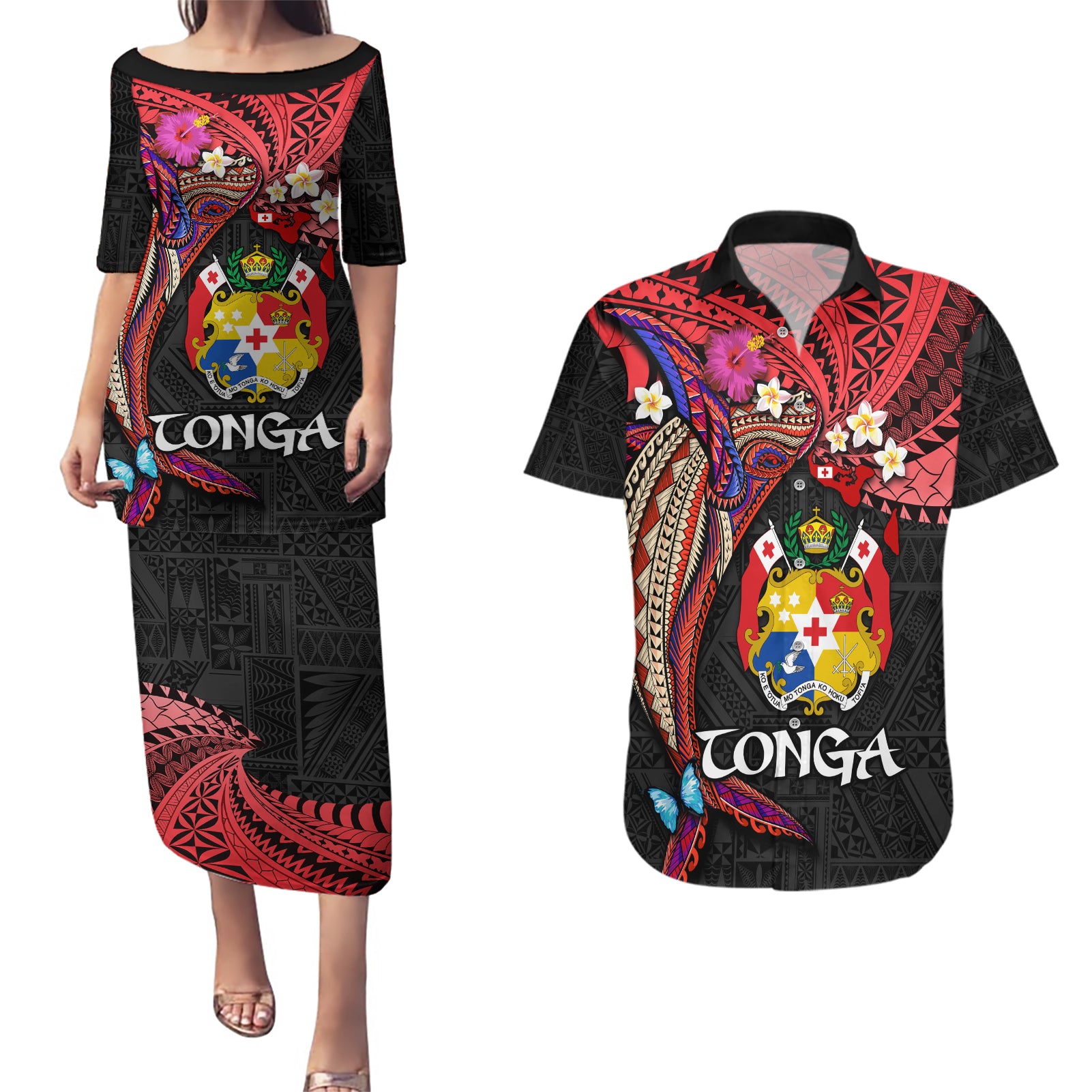 Tonga Emancipation Day Couples Matching Puletasi and Hawaiian Shirt Ngatu Humpback Whale Polynesian Flower