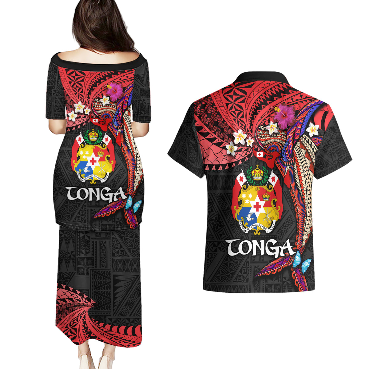 Tonga Emancipation Day Couples Matching Puletasi and Hawaiian Shirt Ngatu Humpback Whale Polynesian Flower LT03 - Polynesian Pride