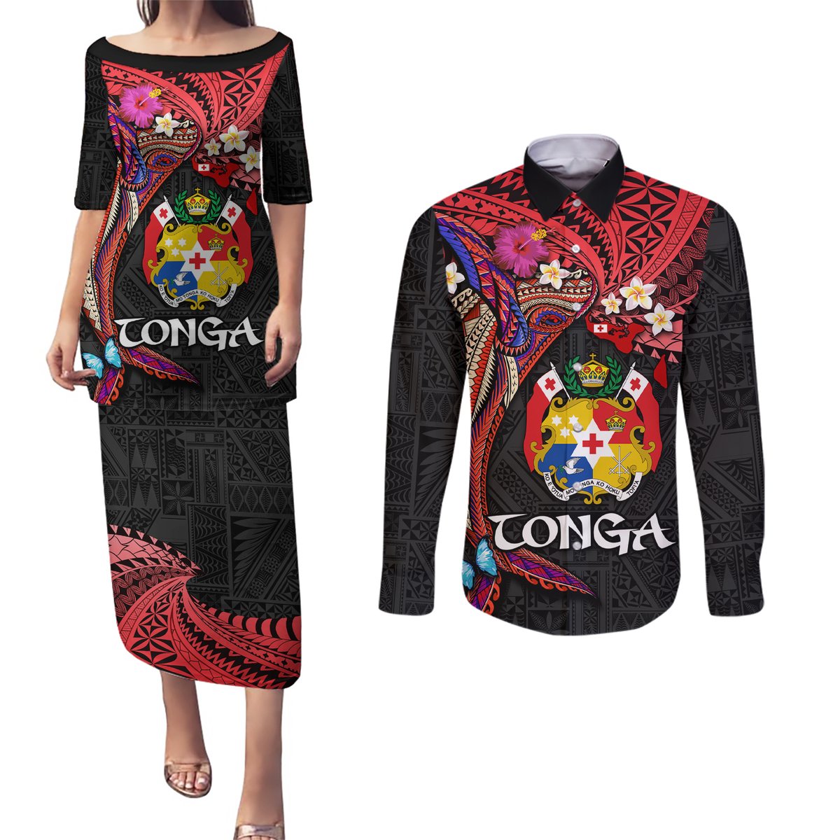 Tonga Emancipation Day Couples Matching Puletasi and Long Sleeve Button Shirt Ngatu Humpback Whale Polynesian Flower LT03 Black - Polynesian Pride