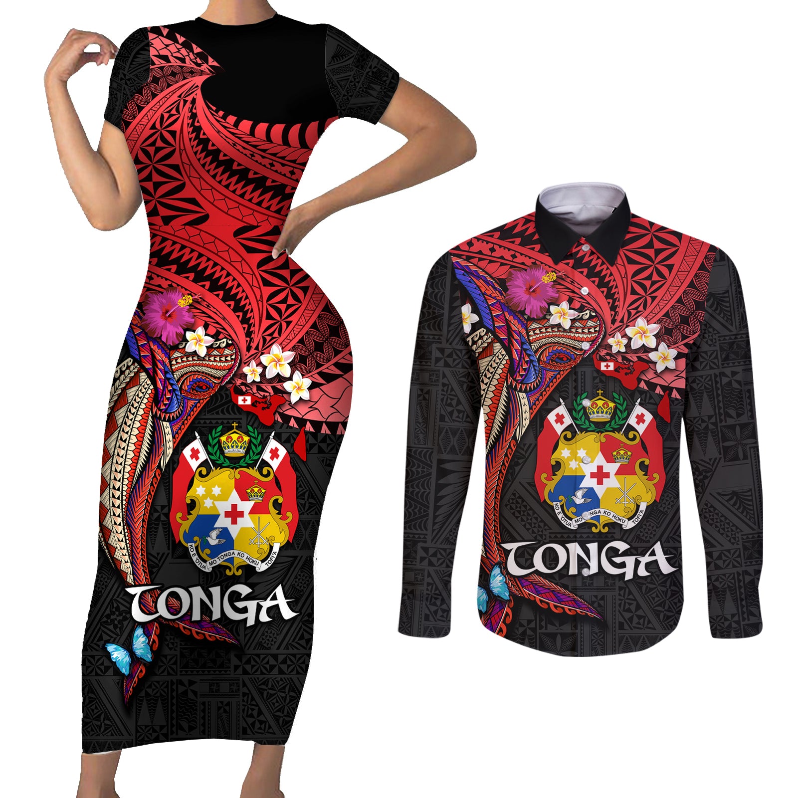 Tonga Emancipation Day Couples Matching Short Sleeve Bodycon Dress and Long Sleeve Button Shirt Ngatu Humpback Whale Polynesian Flower LT03 Black - Polynesian Pride