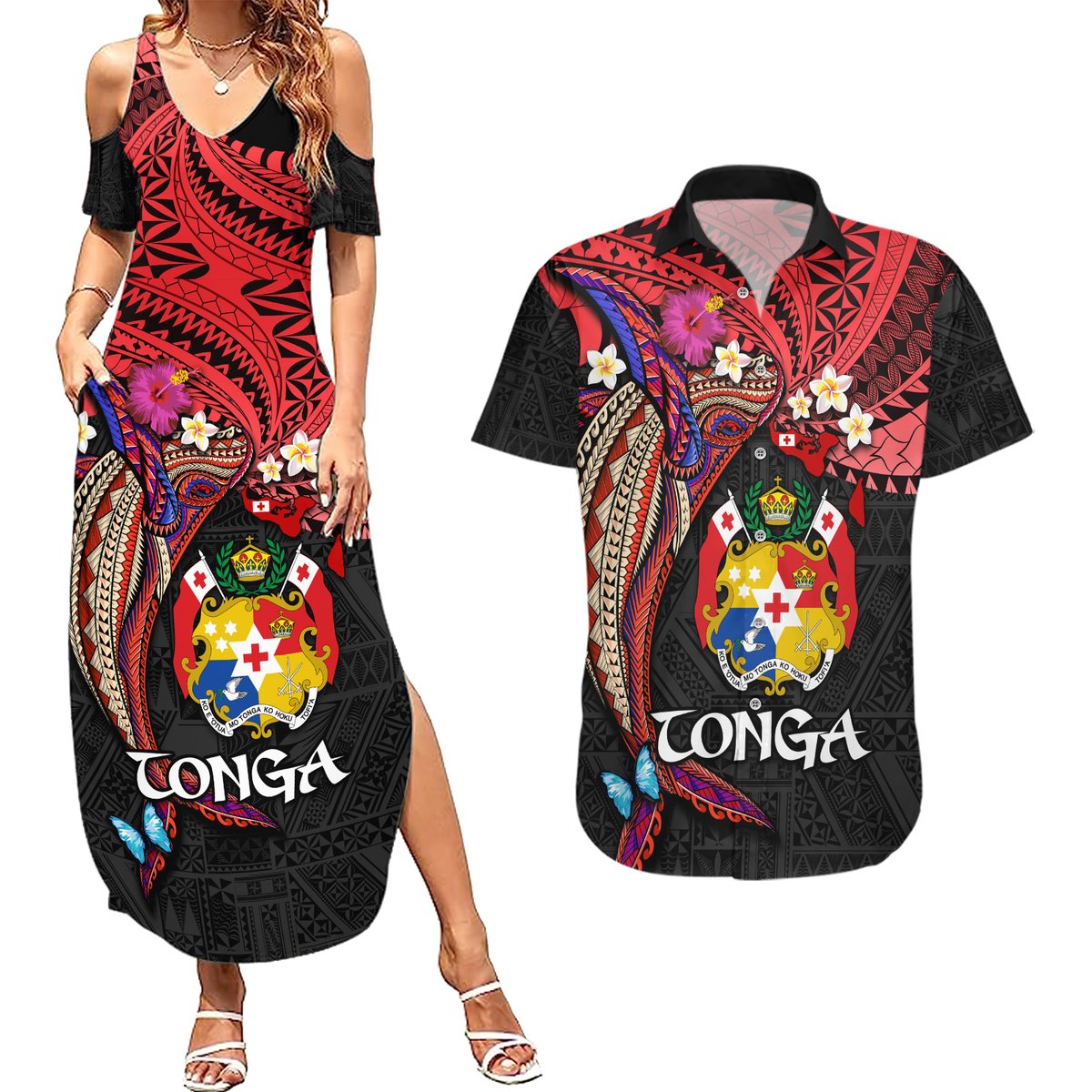 Tonga Emancipation Day Couples Matching Summer Maxi Dress and Hawaiian Shirt Ngatu Humpback Whale Polynesian Flower LT03 Black - Polynesian Pride
