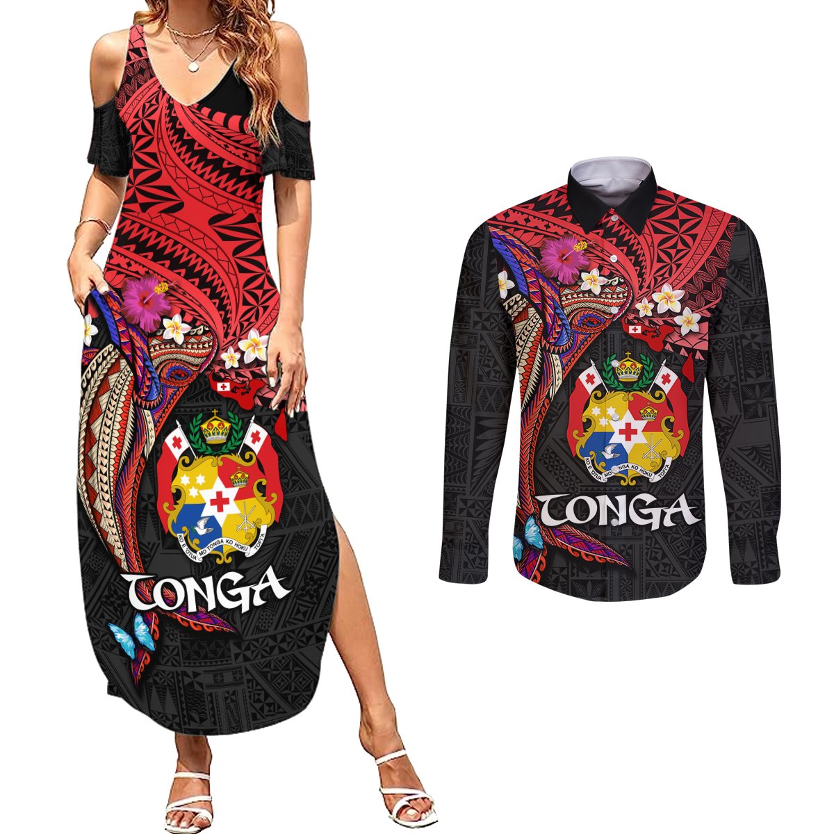 Tonga Emancipation Day Couples Matching Summer Maxi Dress and Long Sleeve Button Shirt Ngatu Humpback Whale Polynesian Flower LT03 Black - Polynesian Pride