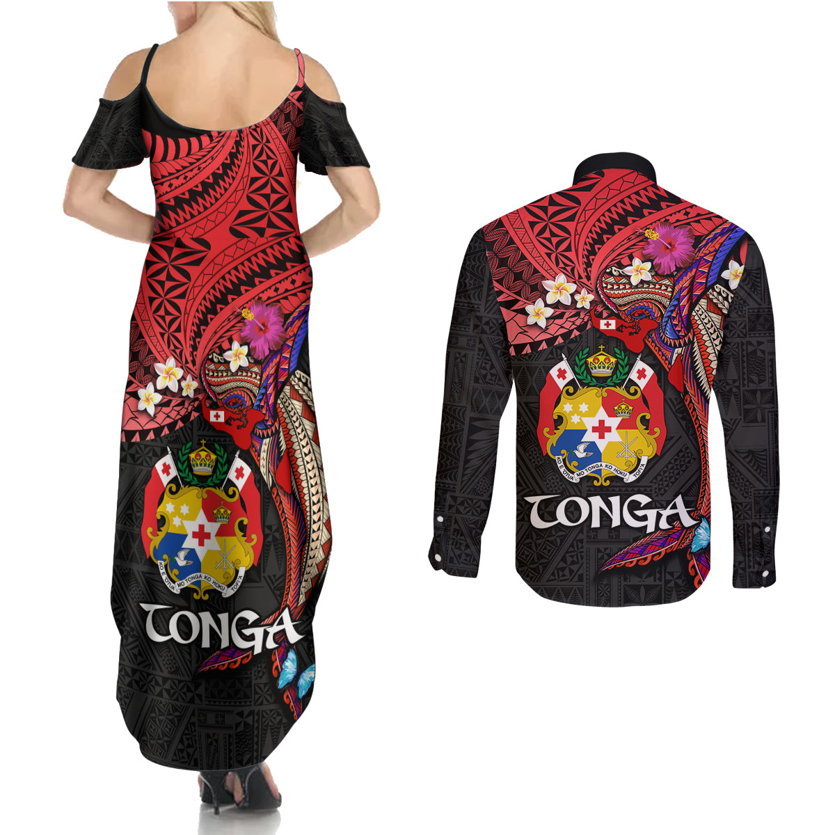 Tonga Emancipation Day Couples Matching Summer Maxi Dress and Long Sleeve Button Shirt Ngatu Humpback Whale Polynesian Flower