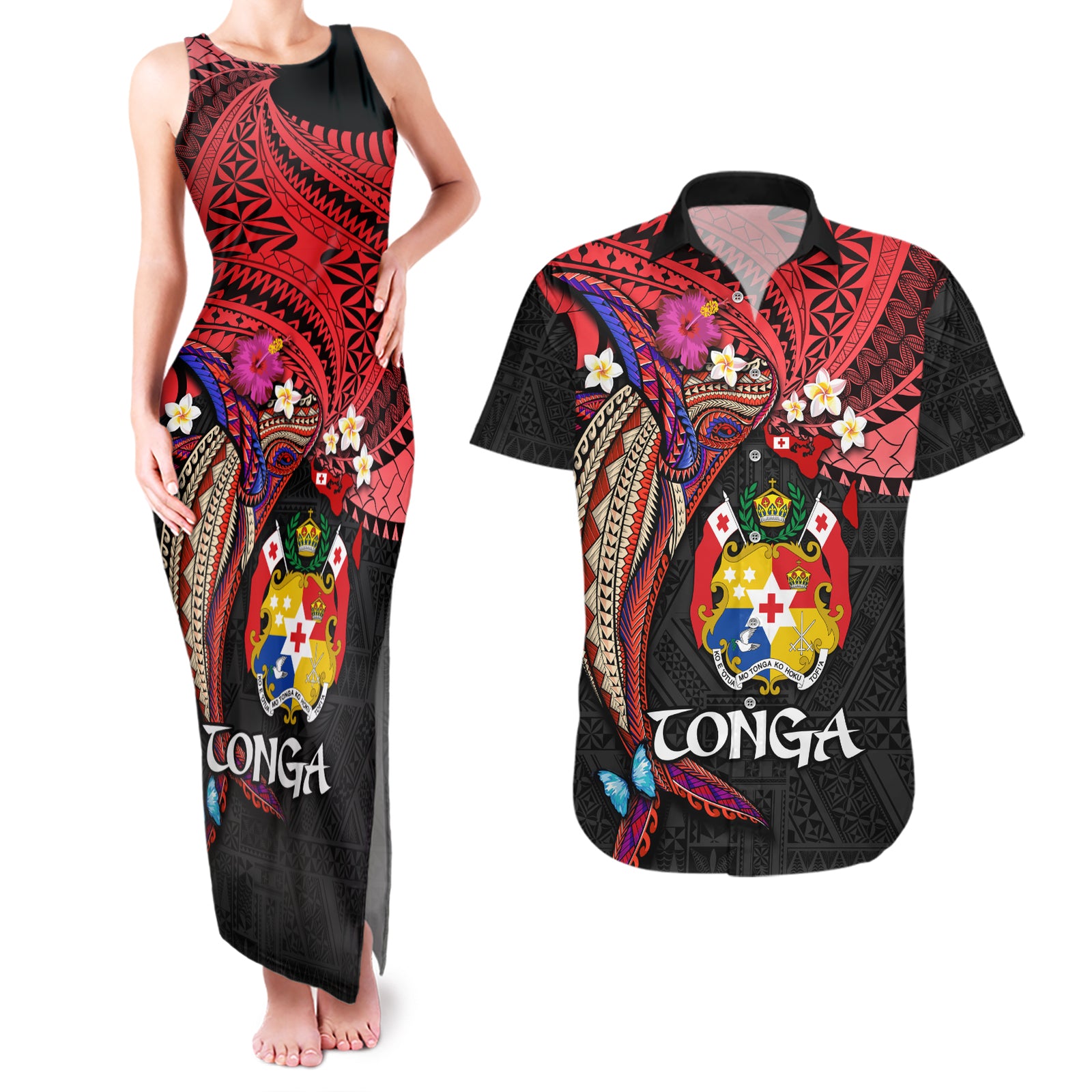 Tonga Emancipation Day Couples Matching Tank Maxi Dress and Hawaiian Shirt Ngatu Humpback Whale Polynesian Flower LT03 Black - Polynesian Pride