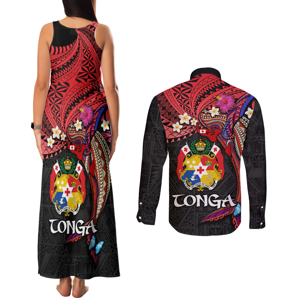 Tonga Emancipation Day Couples Matching Tank Maxi Dress and Long Sleeve Button Shirt Ngatu Humpback Whale Polynesian Flower