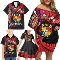 Tonga Emancipation Day Family Matching Off Shoulder Short Dress and Hawaiian Shirt Ngatu Humpback Whale Polynesian Flower