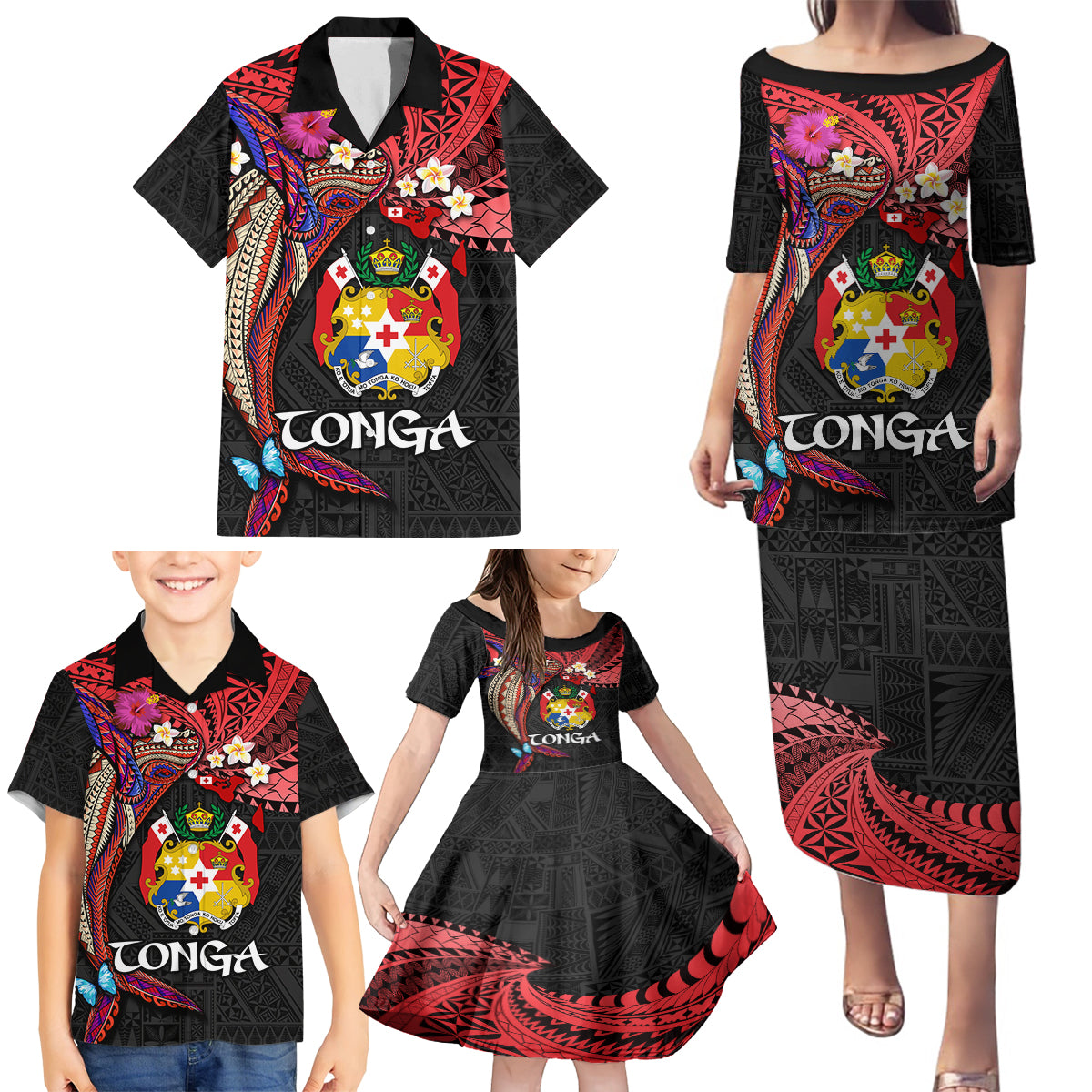 Tonga Emancipation Day Family Matching Puletasi and Hawaiian Shirt Ngatu Humpback Whale Polynesian Flower