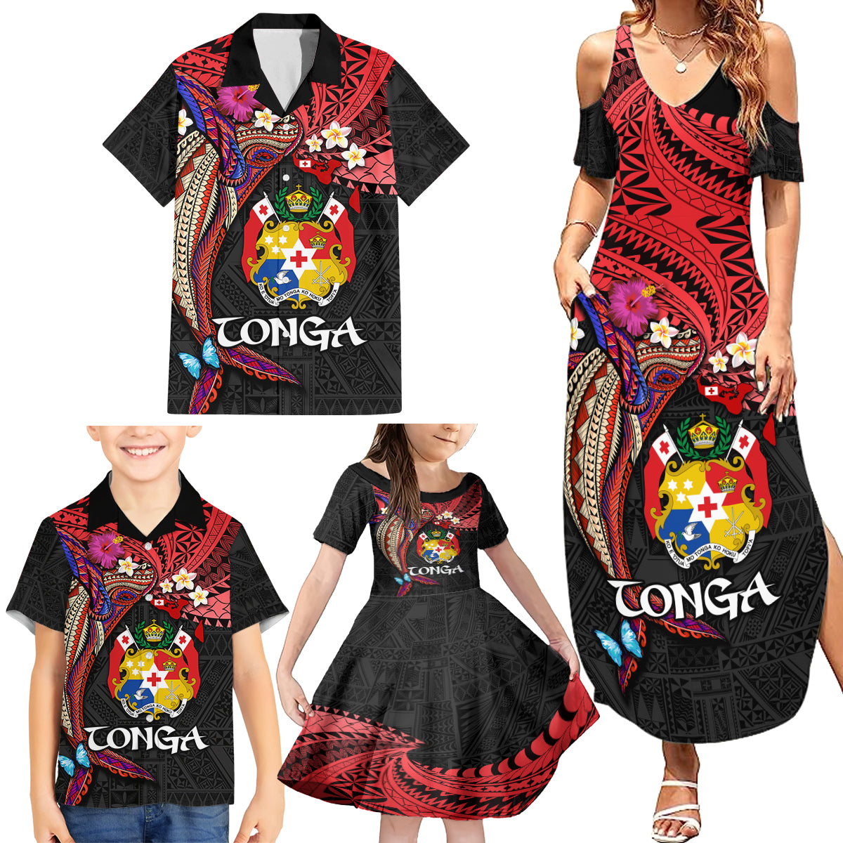 Tonga Emancipation Day Family Matching Summer Maxi Dress and Hawaiian Shirt Ngatu Humpback Whale Polynesian Flower