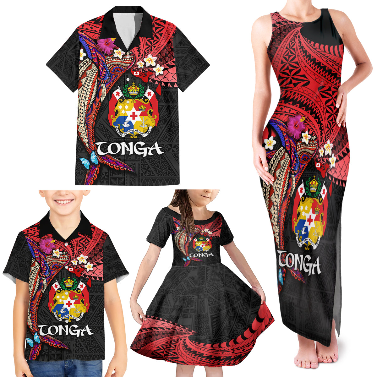 Tonga Emancipation Day Family Matching Tank Maxi Dress and Hawaiian Shirt Ngatu Humpback Whale Polynesian Flower