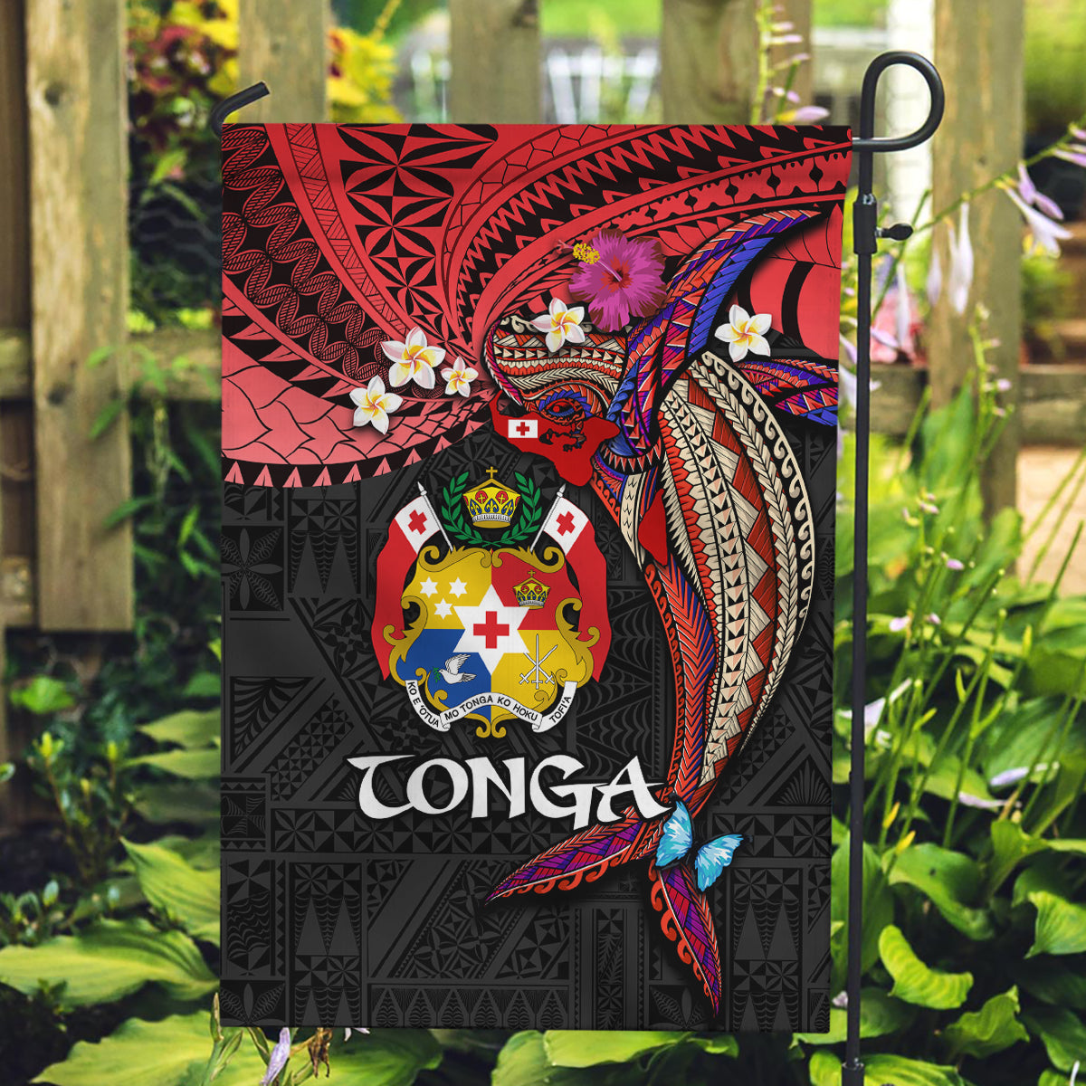 Tonga Emancipation Day Garden Flag Ngatu Humpback Whale Polynesian Flower LT03 Garden Flag Black - Polynesian Pride