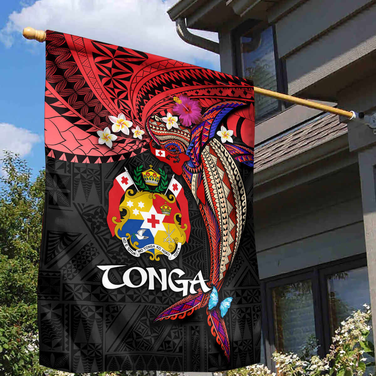Tonga Emancipation Day Garden Flag Ngatu Humpback Whale Polynesian Flower LT03 - Polynesian Pride
