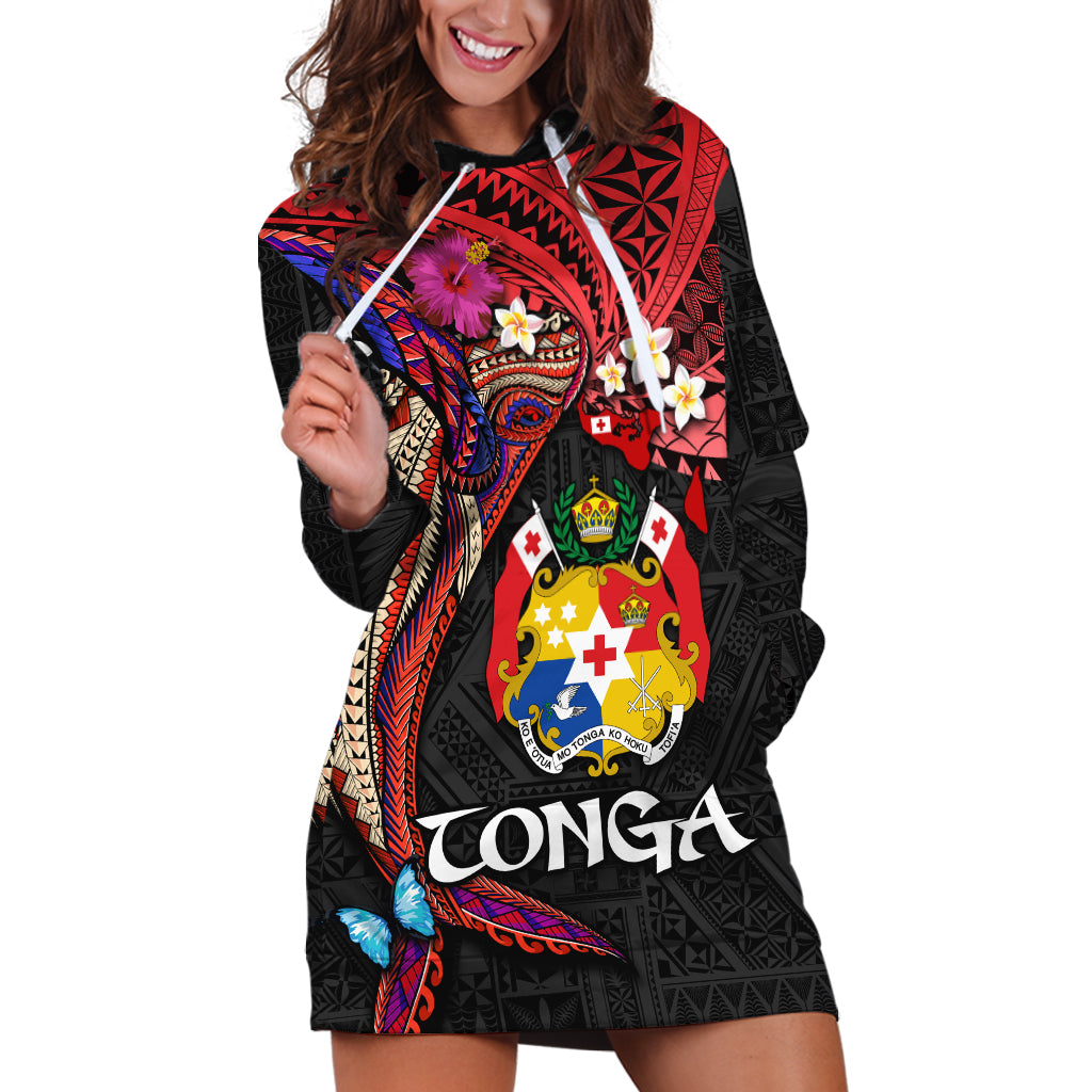 Tonga Emancipation Day Hoodie Dress Ngatu Humpback Whale Polynesian Flower LT03 Black - Polynesian Pride