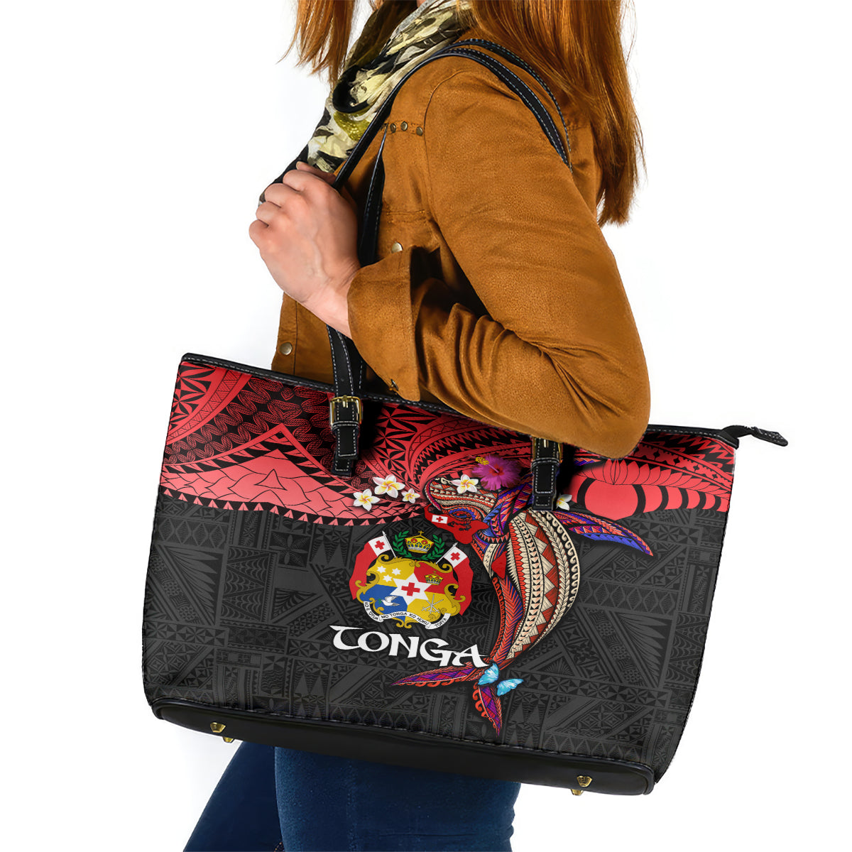 Tonga Emancipation Day Leather Tote Bag Ngatu Humpback Whale Polynesian Flower LT03 Black - Polynesian Pride