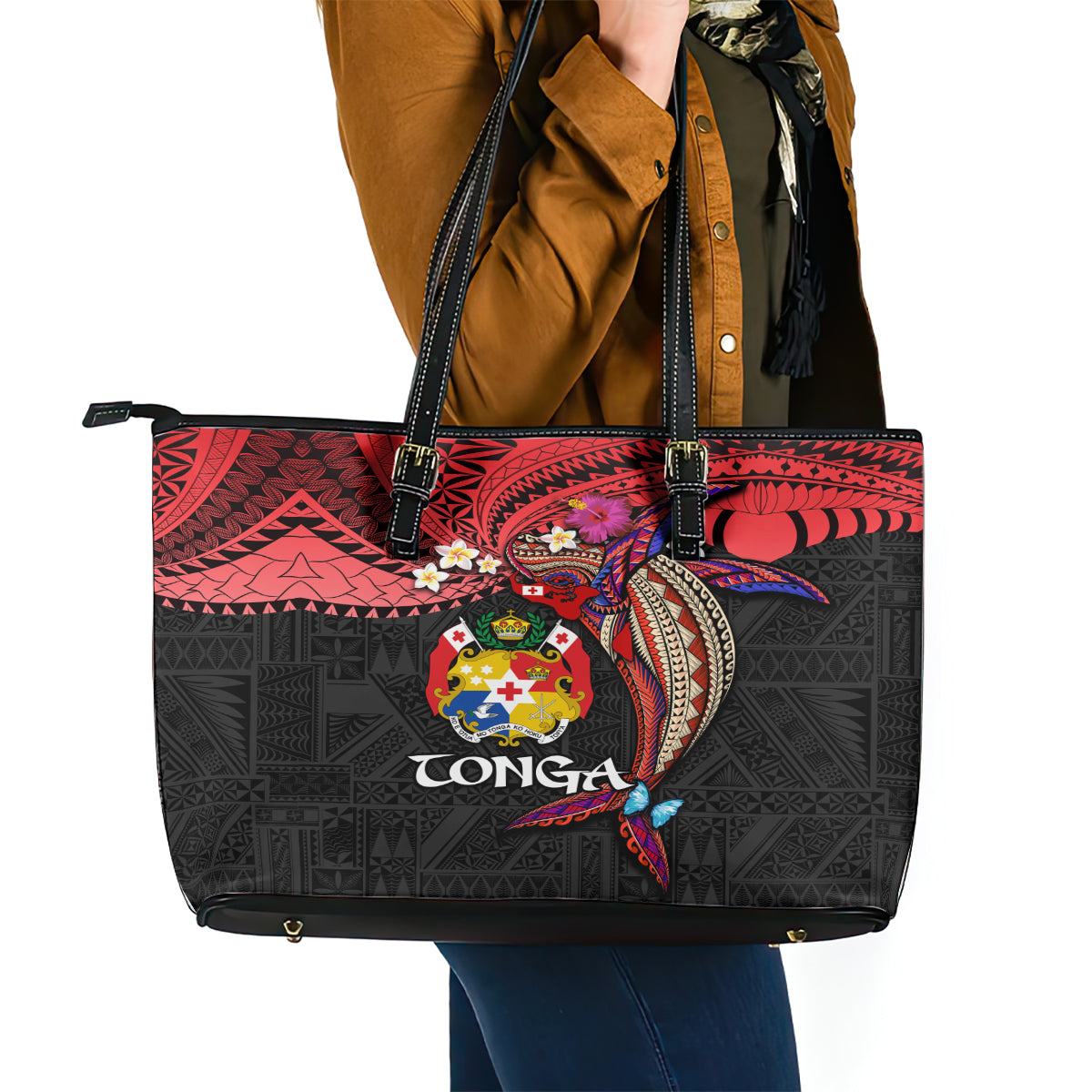 Tonga Emancipation Day Leather Tote Bag Ngatu Humpback Whale Polynesian Flower LT03 - Polynesian Pride