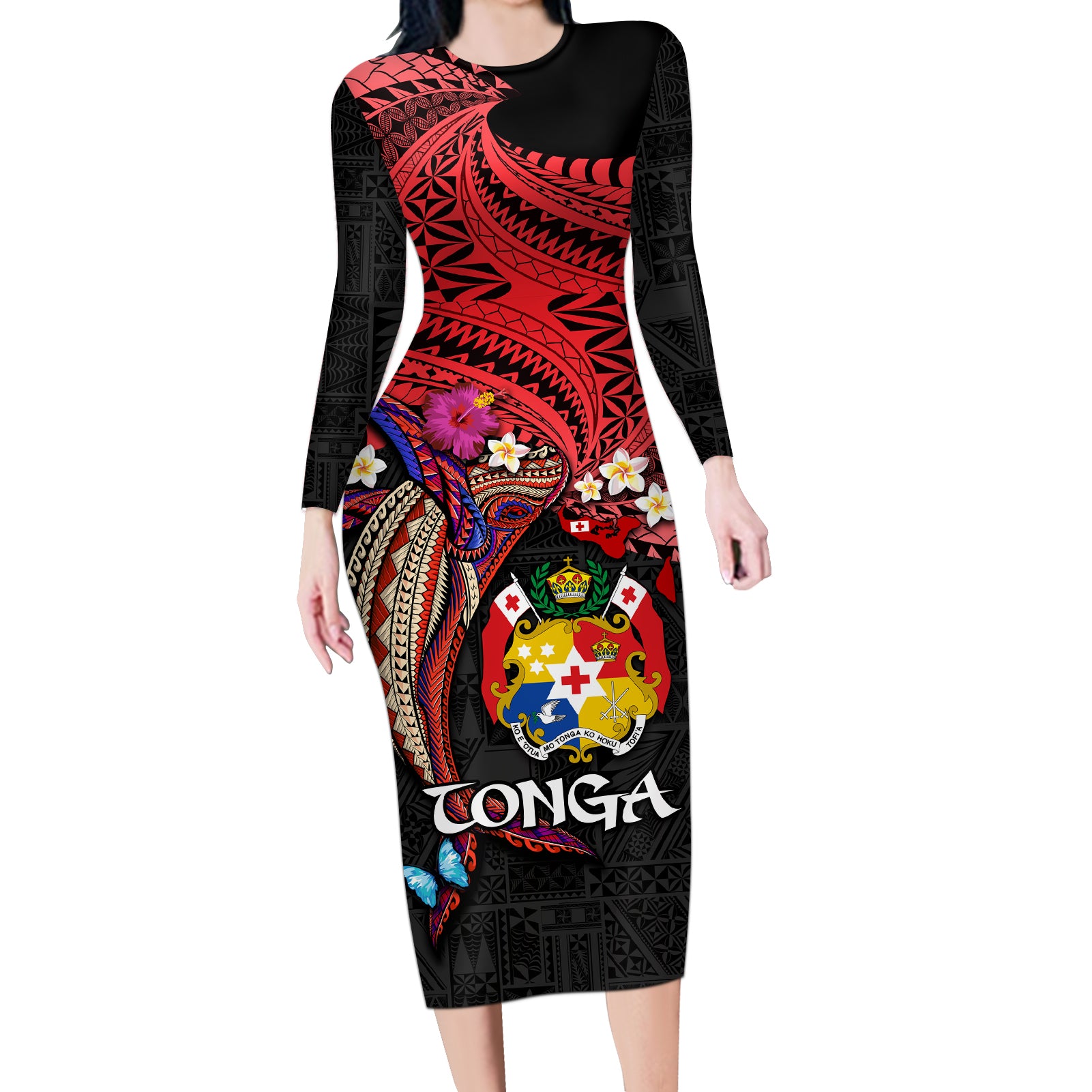 Tonga Emancipation Day Long Sleeve Bodycon Dress Ngatu Humpback Whale Polynesian Flower