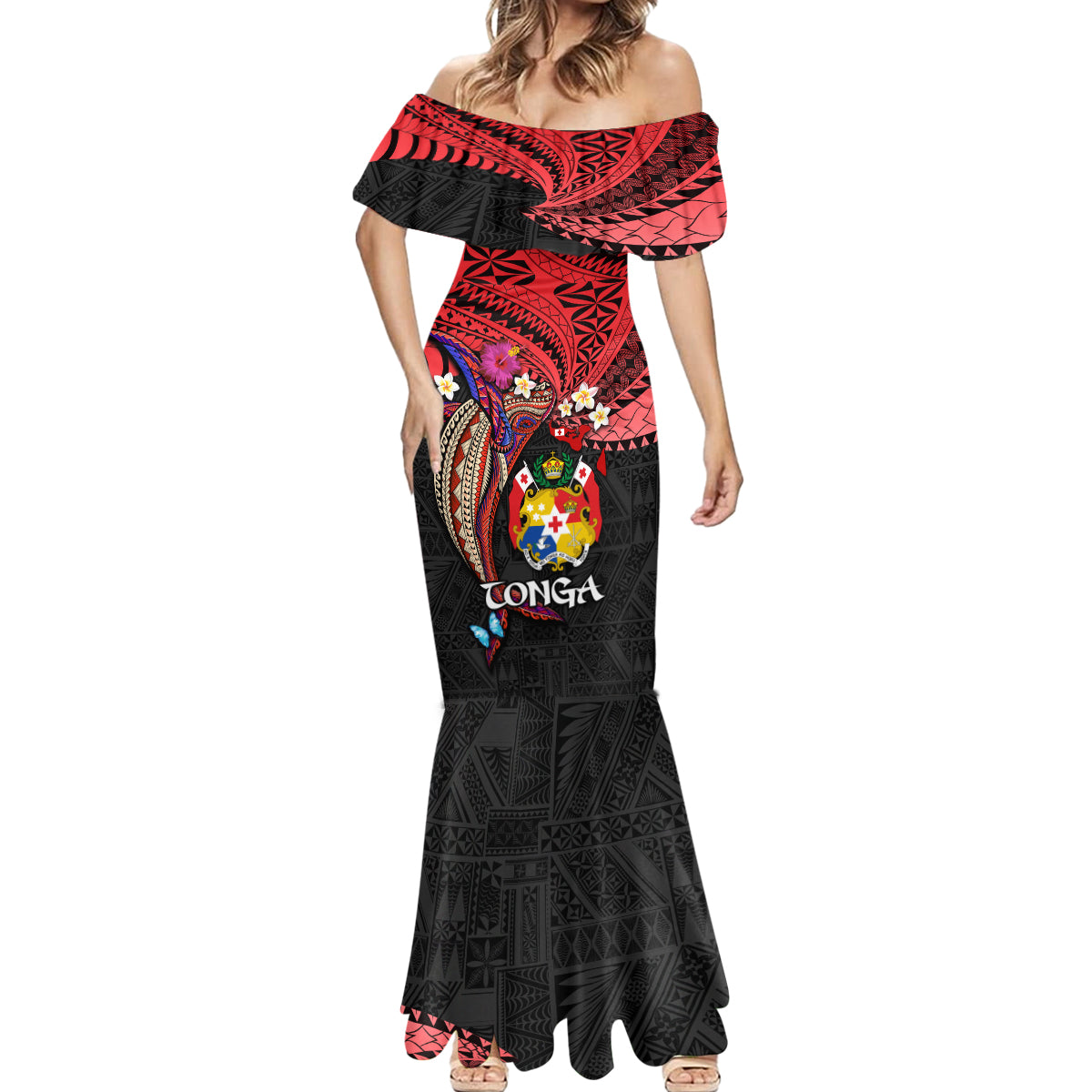 Tonga Emancipation Day Mermaid Dress Ngatu Humpback Whale Polynesian Flower