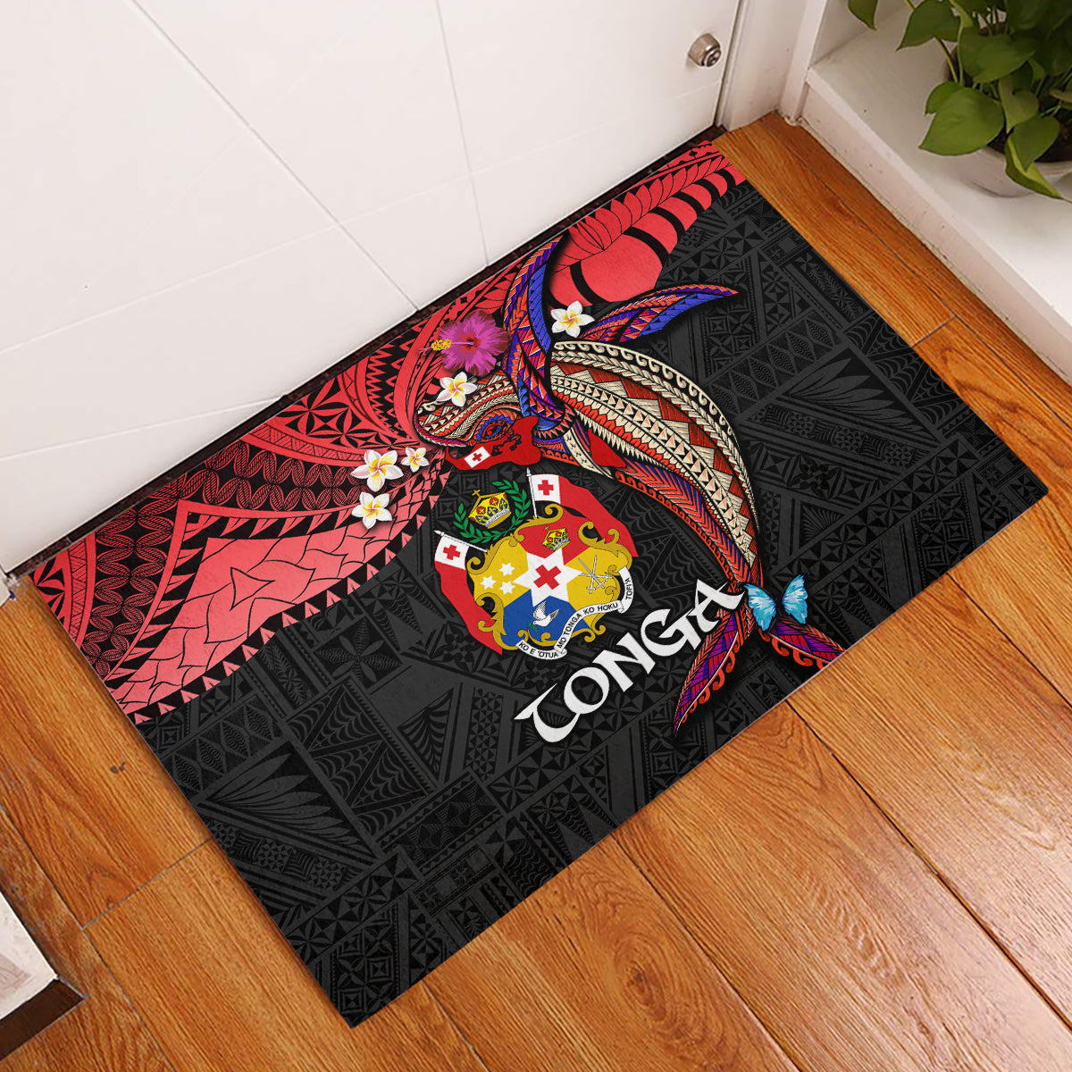 Tonga Emancipation Day Rubber Doormat Ngatu Humpback Whale Polynesian Flower LT03 Black - Polynesian Pride