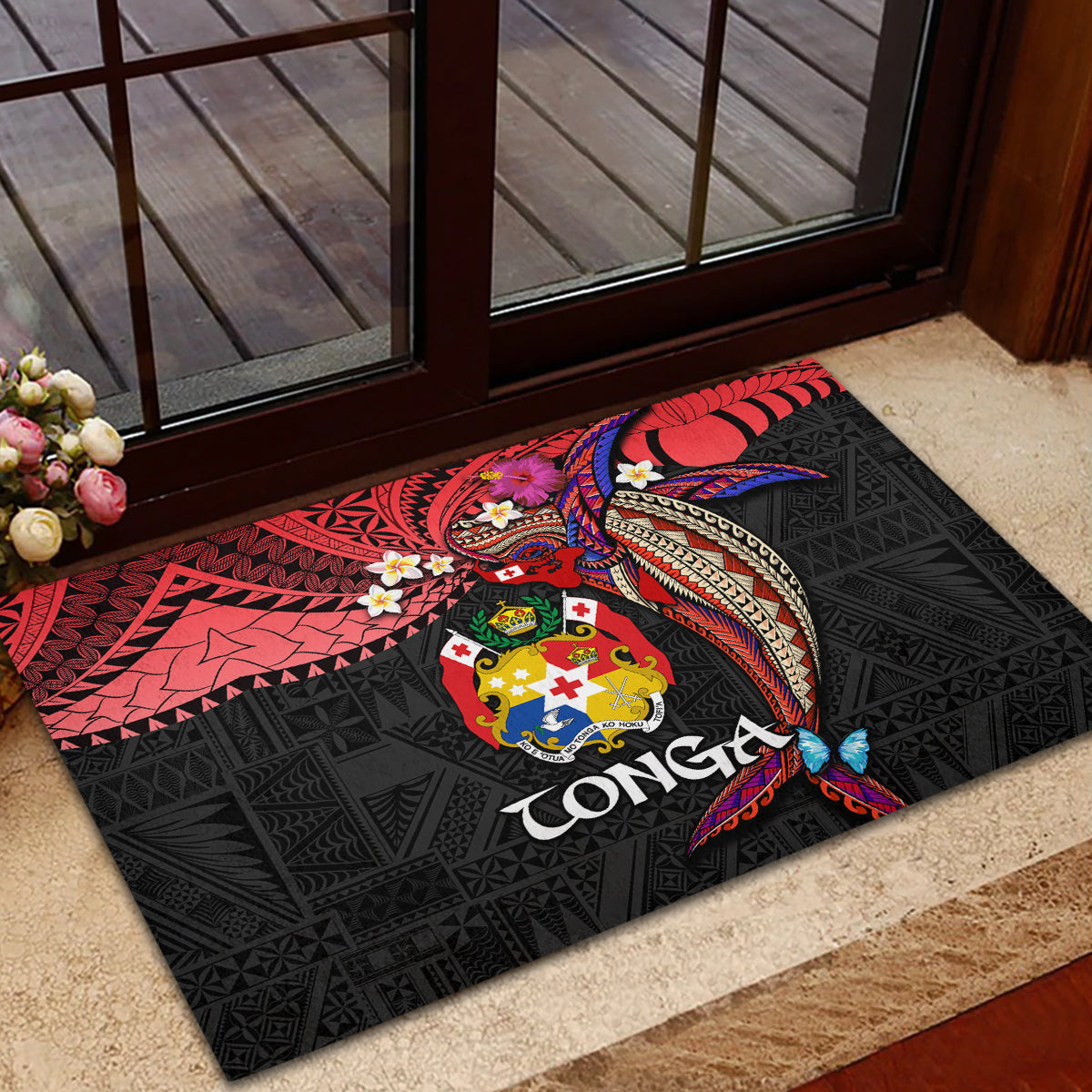 Tonga Emancipation Day Rubber Doormat Ngatu Humpback Whale Polynesian Flower LT03 - Polynesian Pride