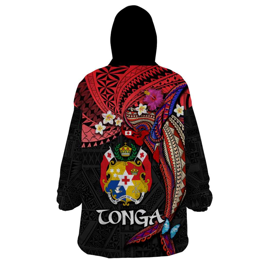 Tonga Emancipation Day Wearable Blanket Hoodie Ngatu Humpback Whale Polynesian Flower