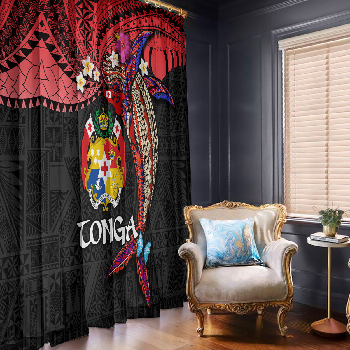 Tonga Emancipation Day Window Curtain Ngatu Humpback Whale Polynesian Flower LT03 - Polynesian Pride