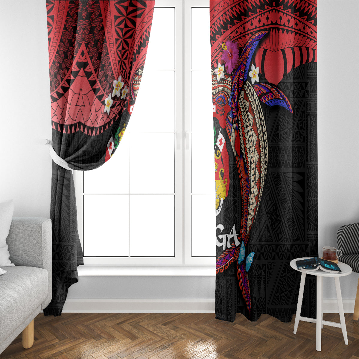 Tonga Emancipation Day Window Curtain Ngatu Humpback Whale Polynesian Flower LT03 - Polynesian Pride