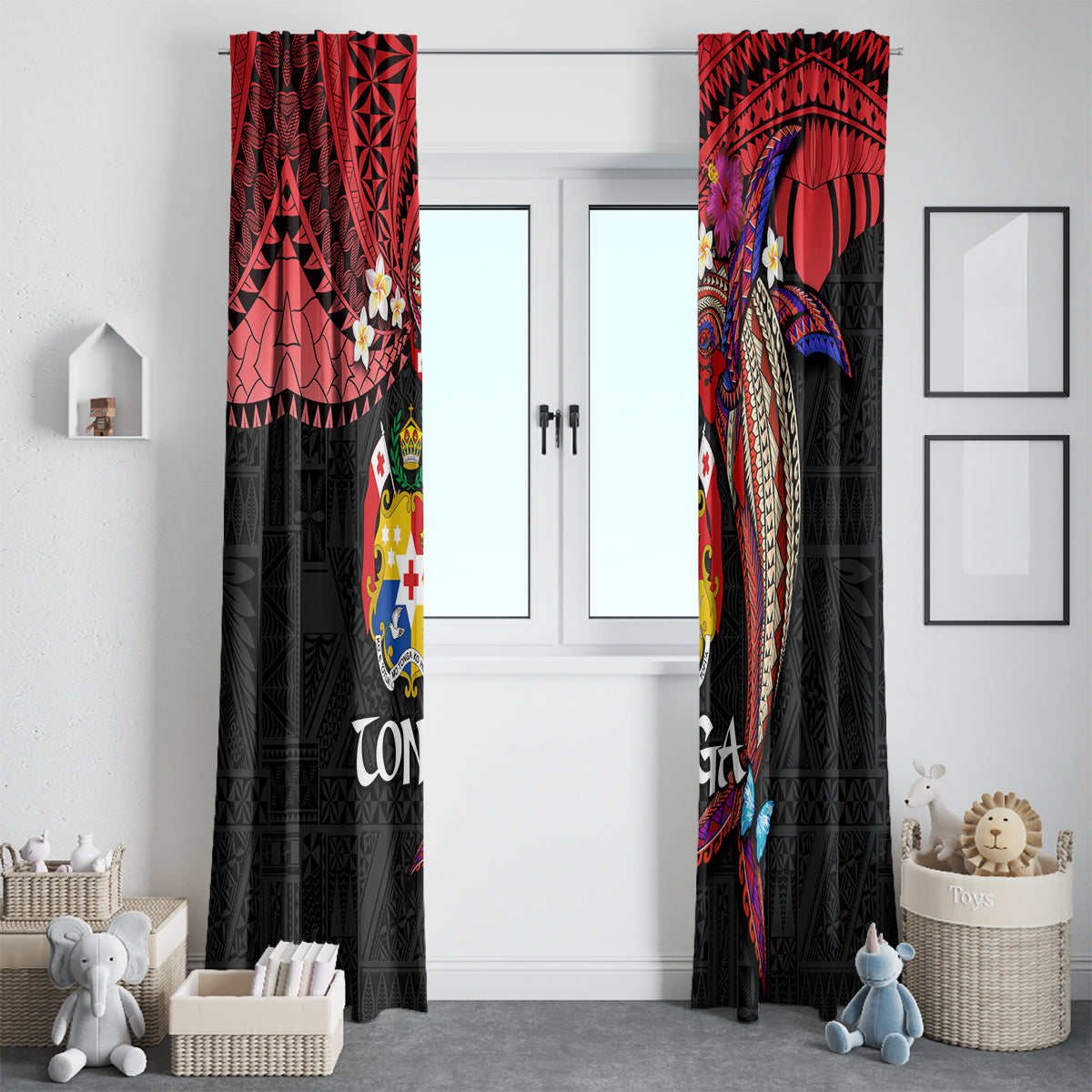 Tonga Emancipation Day Window Curtain Ngatu Humpback Whale Polynesian Flower LT03 - Polynesian Pride