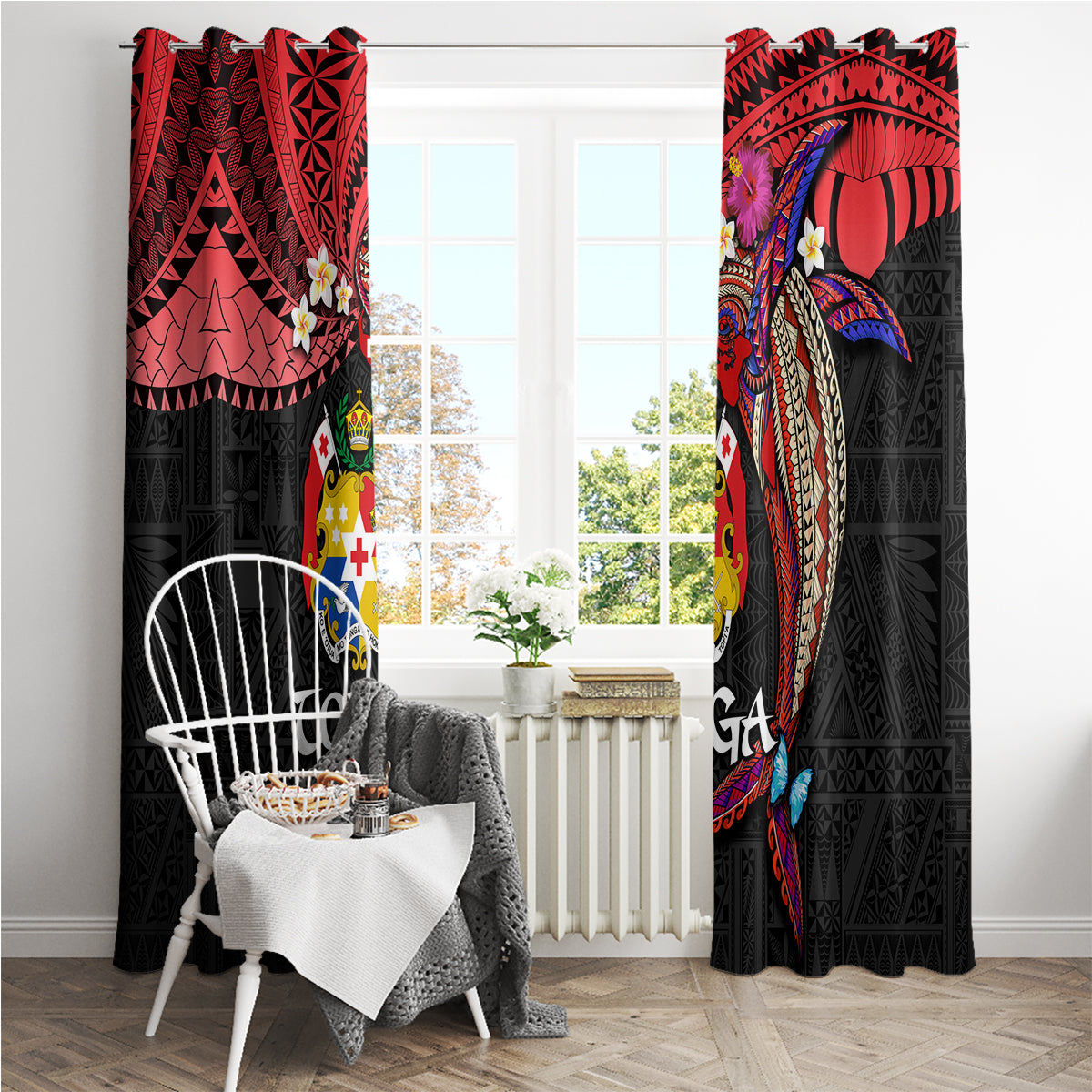 Tonga Emancipation Day Window Curtain Ngatu Humpback Whale Polynesian Flower LT03 - Polynesian Pride