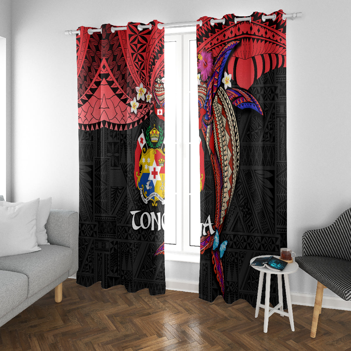 Tonga Emancipation Day Window Curtain Ngatu Humpback Whale Polynesian Flower LT03 With Grommets Black - Polynesian Pride