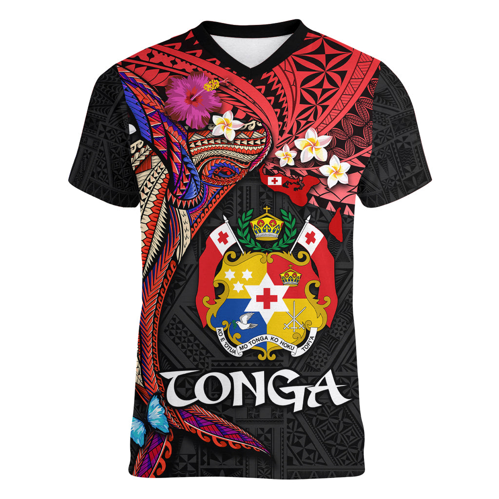 Tonga Emancipation Day Women V-Neck T-Shirt Ngatu Humpback Whale Polynesian Flower