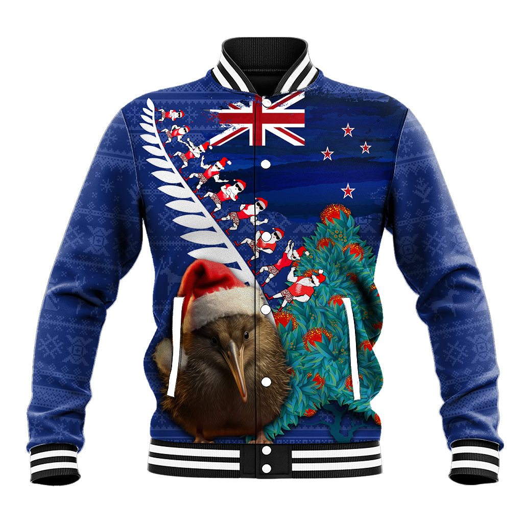 New Zealand Christmas Baseball Jacket Kiwi Bird Santa and Silver Fern Funny Haka Dance