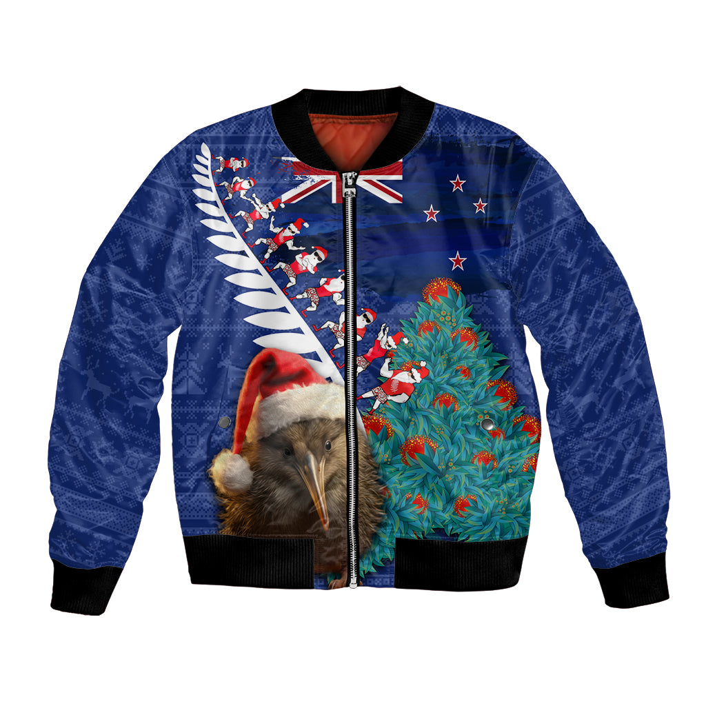 New Zealand Christmas Bomber Jacket Kiwi Bird Santa and Silver Fern Funny Haka Dance