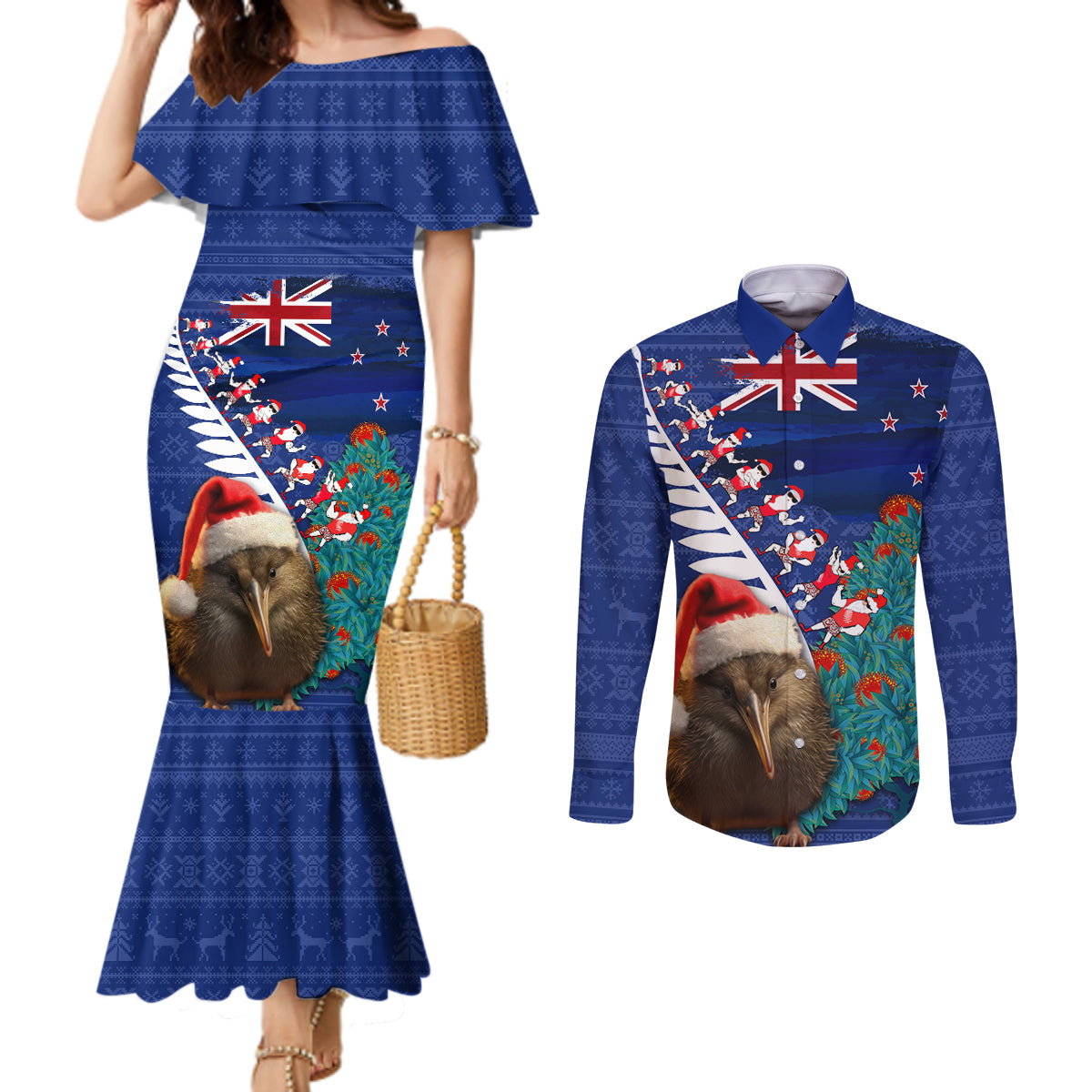 New Zealand Christmas Couples Matching Mermaid Dress and Long Sleeve Button Shirt Kiwi Bird Santa and Silver Fern Funny Haka Dance