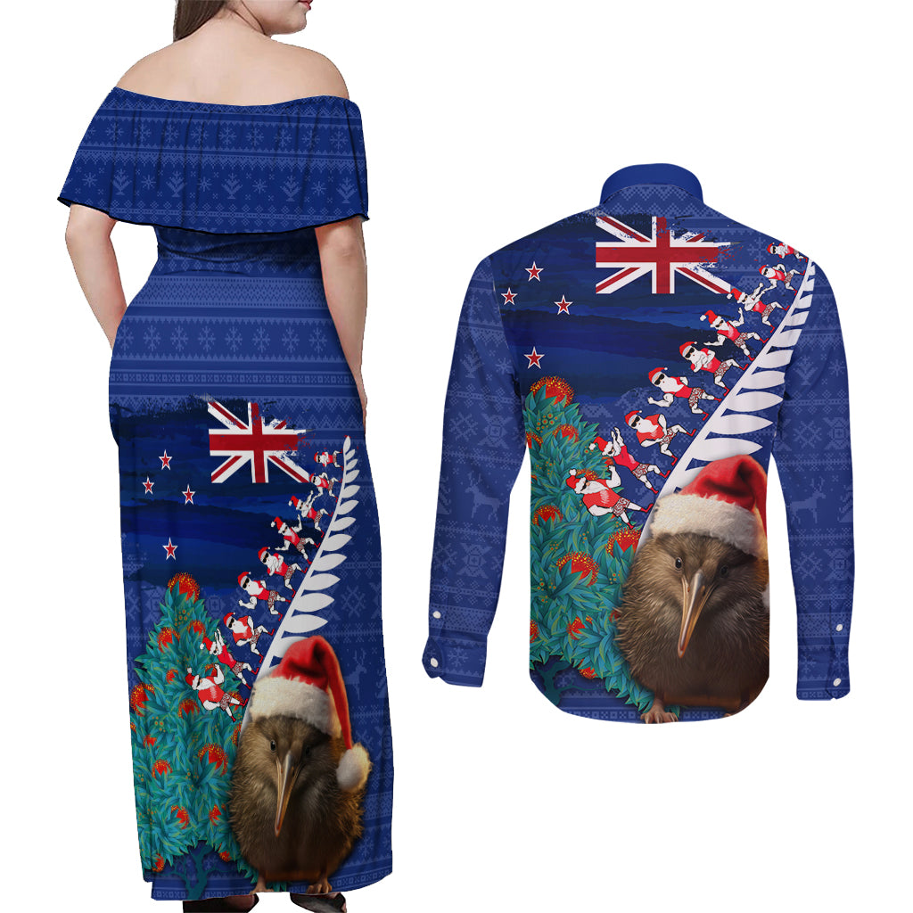 New Zealand Christmas Couples Matching Off Shoulder Maxi Dress and Long Sleeve Button Shirt Kiwi Bird Santa and Silver Fern Funny Haka Dance