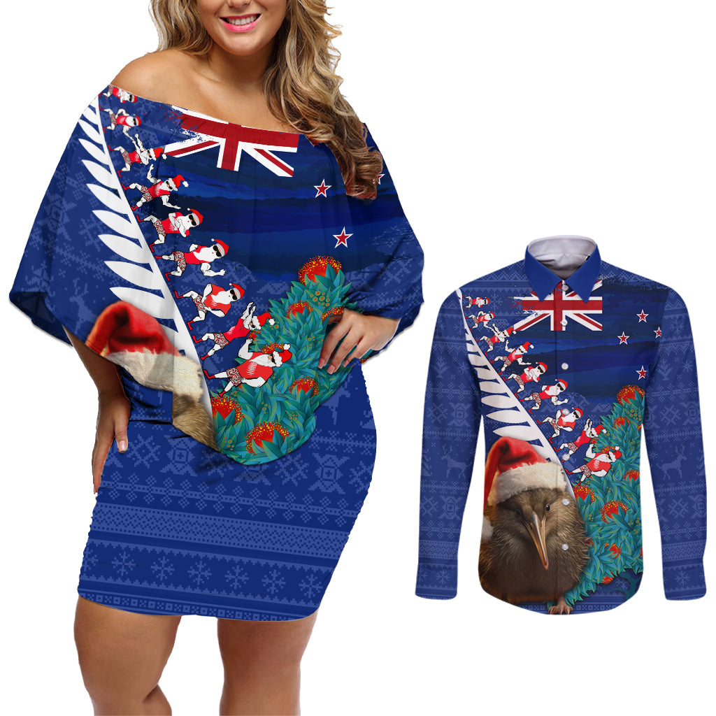 New Zealand Christmas Couples Matching Off Shoulder Short Dress and Long Sleeve Button Shirt Kiwi Bird Santa and Silver Fern Funny Haka Dance