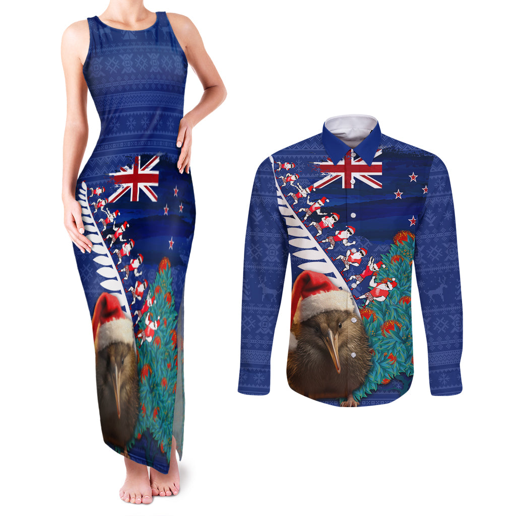 New Zealand Christmas Couples Matching Tank Maxi Dress and Long Sleeve Button Shirt Kiwi Bird Santa and Silver Fern Funny Haka Dance