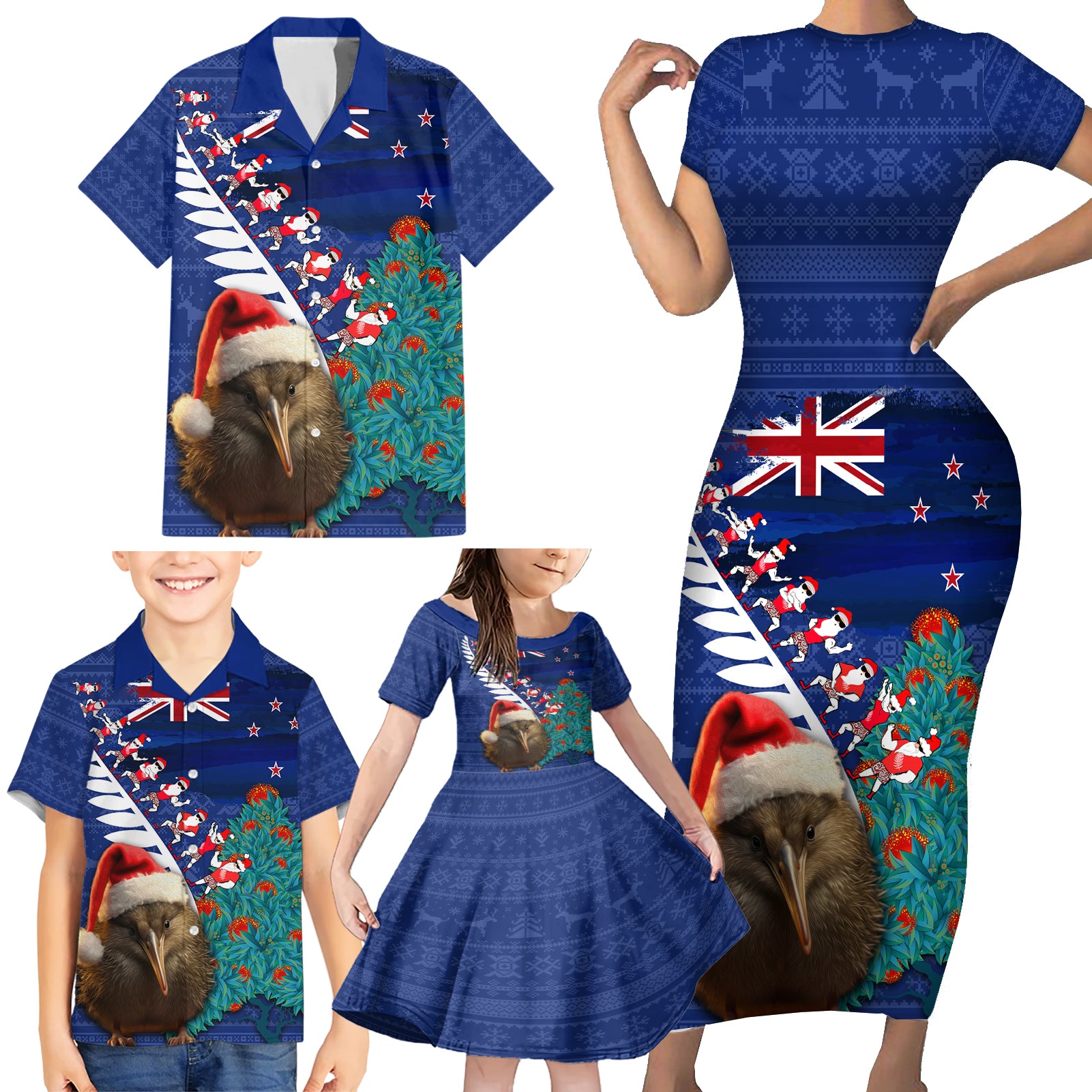 New Zealand Christmas Family Matching Short Sleeve Bodycon Dress and Hawaiian Shirt Kiwi Bird Santa and Silver Fern Funny Haka Dance