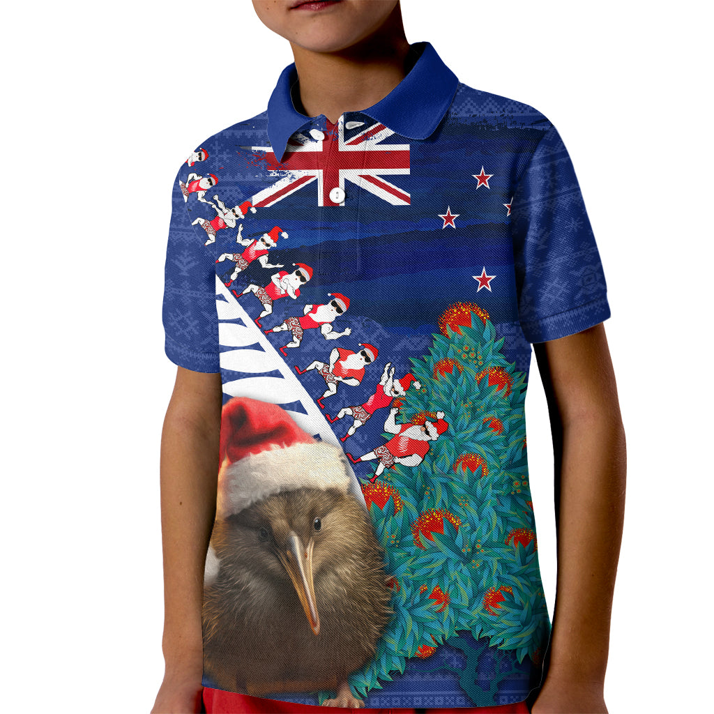 New Zealand Christmas Kid Polo Shirt Kiwi Bird Santa and Silver Fern Funny Haka Dance