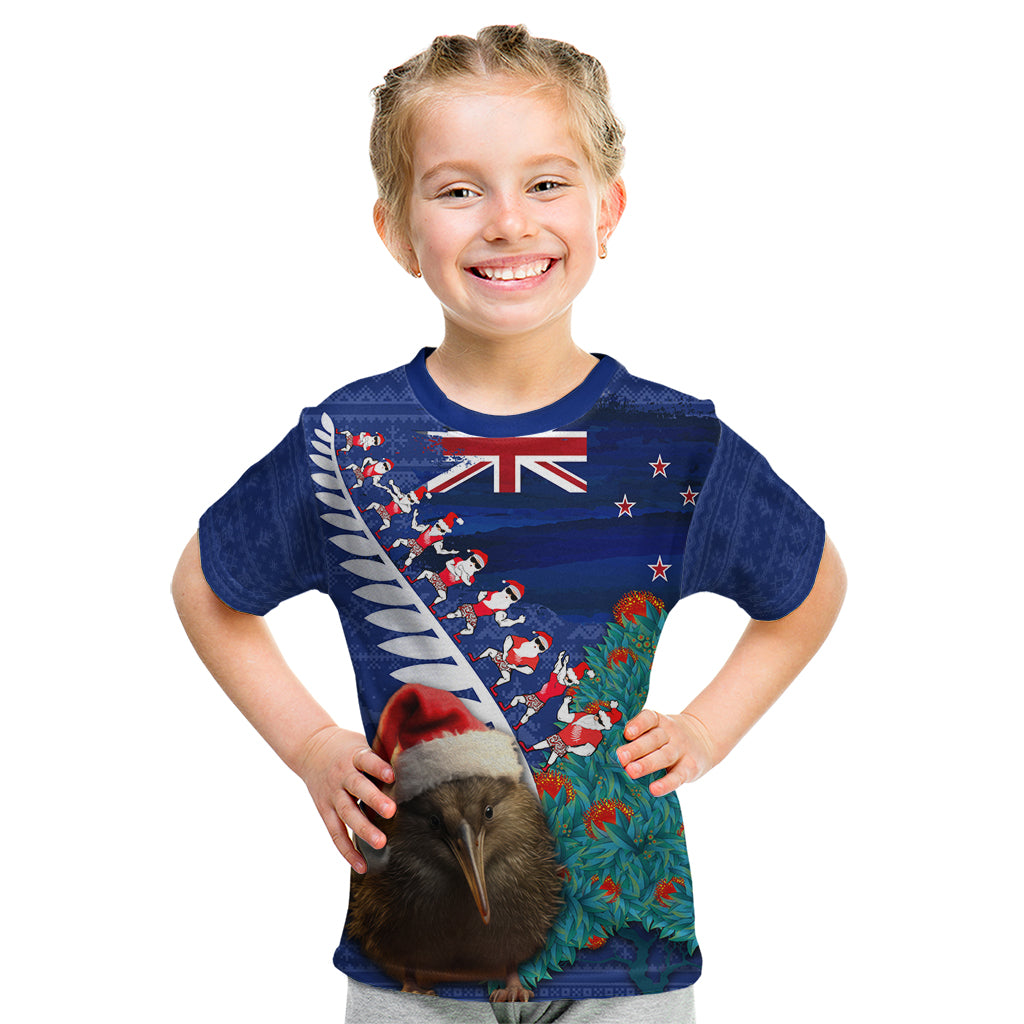 New Zealand Christmas Kid T Shirt Kiwi Bird Santa and Silver Fern Funny Haka Dance