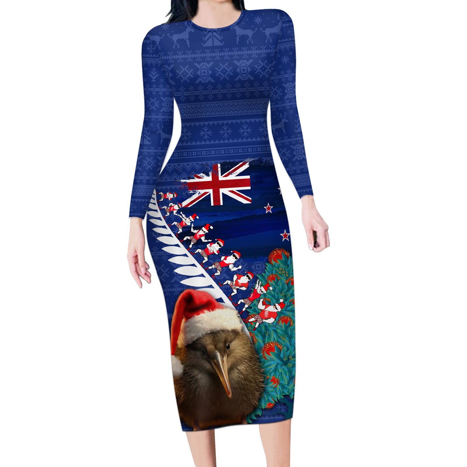 New Zealand Christmas Long Sleeve Bodycon Dress Kiwi Bird Santa and Silver Fern Funny Haka Dance