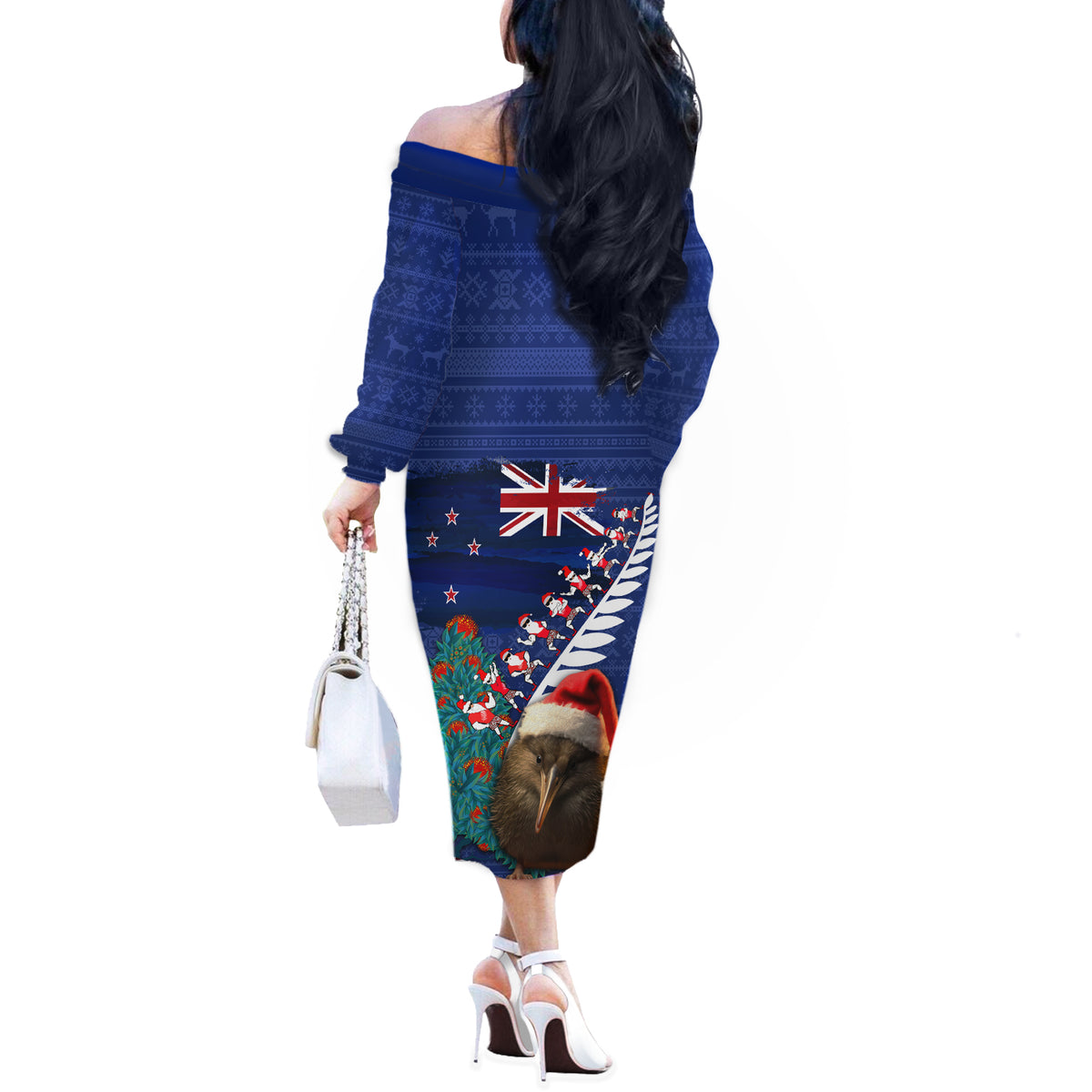 New Zealand Christmas Off The Shoulder Long Sleeve Dress Kiwi Bird Santa and Silver Fern Funny Haka Dance