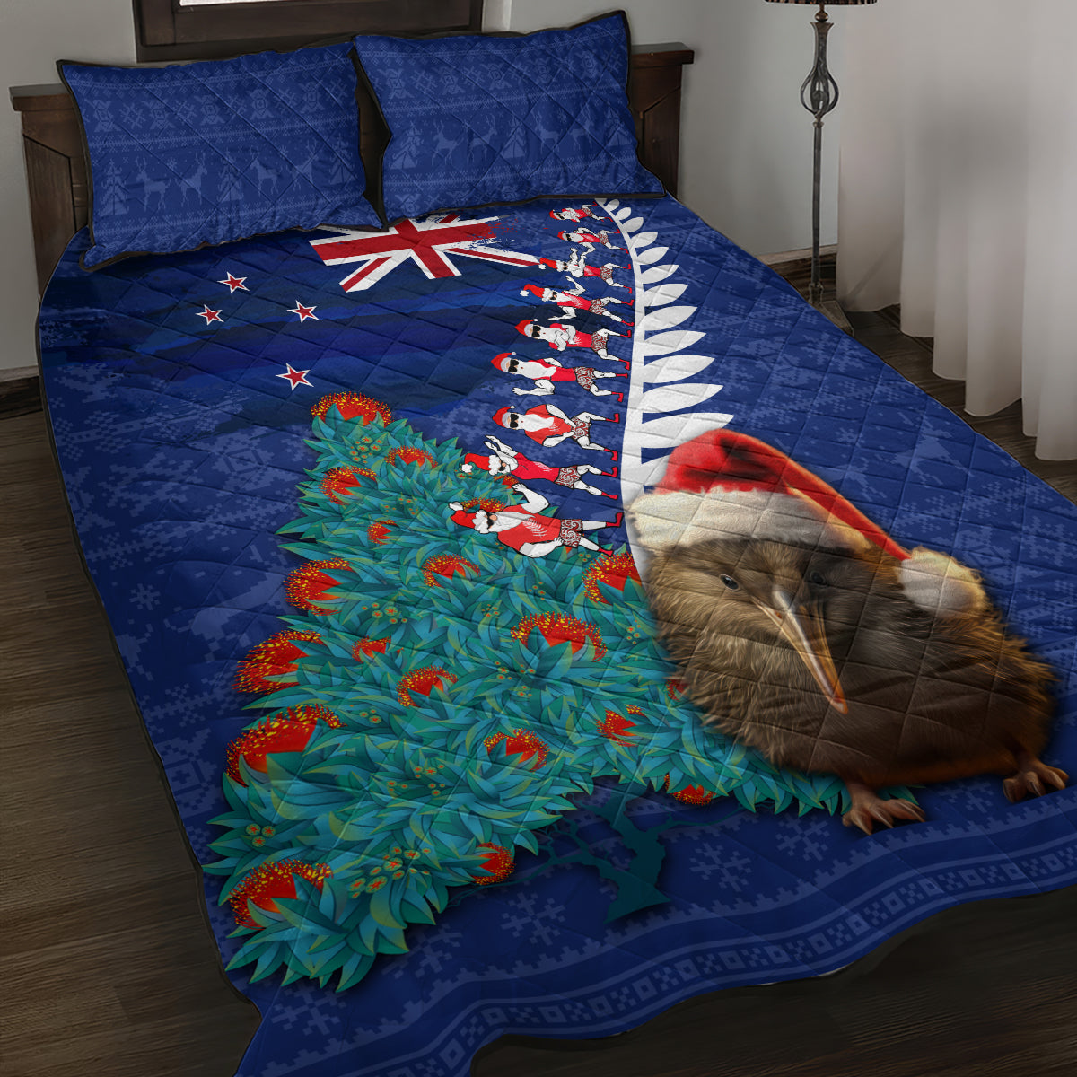 New Zealand Christmas Quilt Bed Set Kiwi Bird Santa and Silver Fern Funny Haka Dance