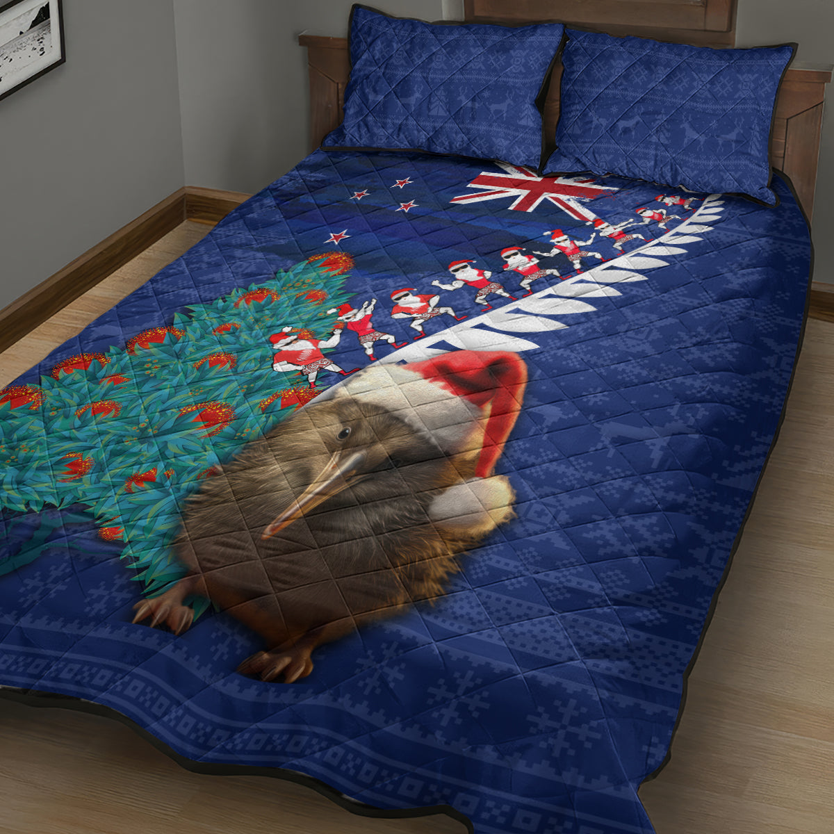 New Zealand Christmas Quilt Bed Set Kiwi Bird Santa and Silver Fern Funny Haka Dance