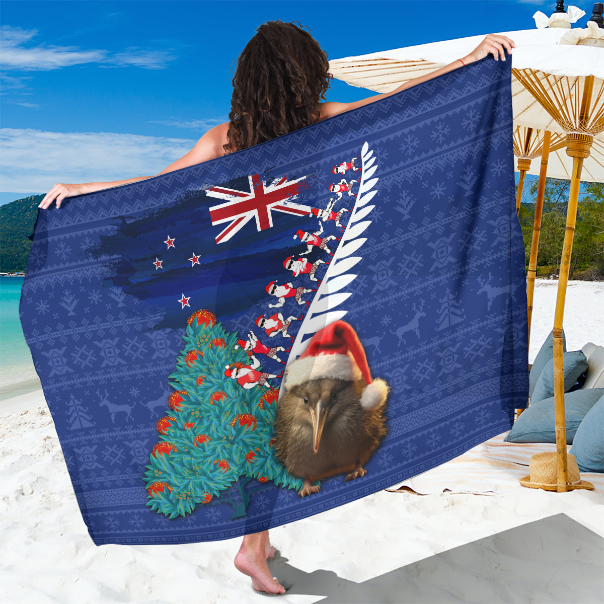 New Zealand Christmas Sarong Kiwi Bird Santa and Silver Fern Funny Haka Dance