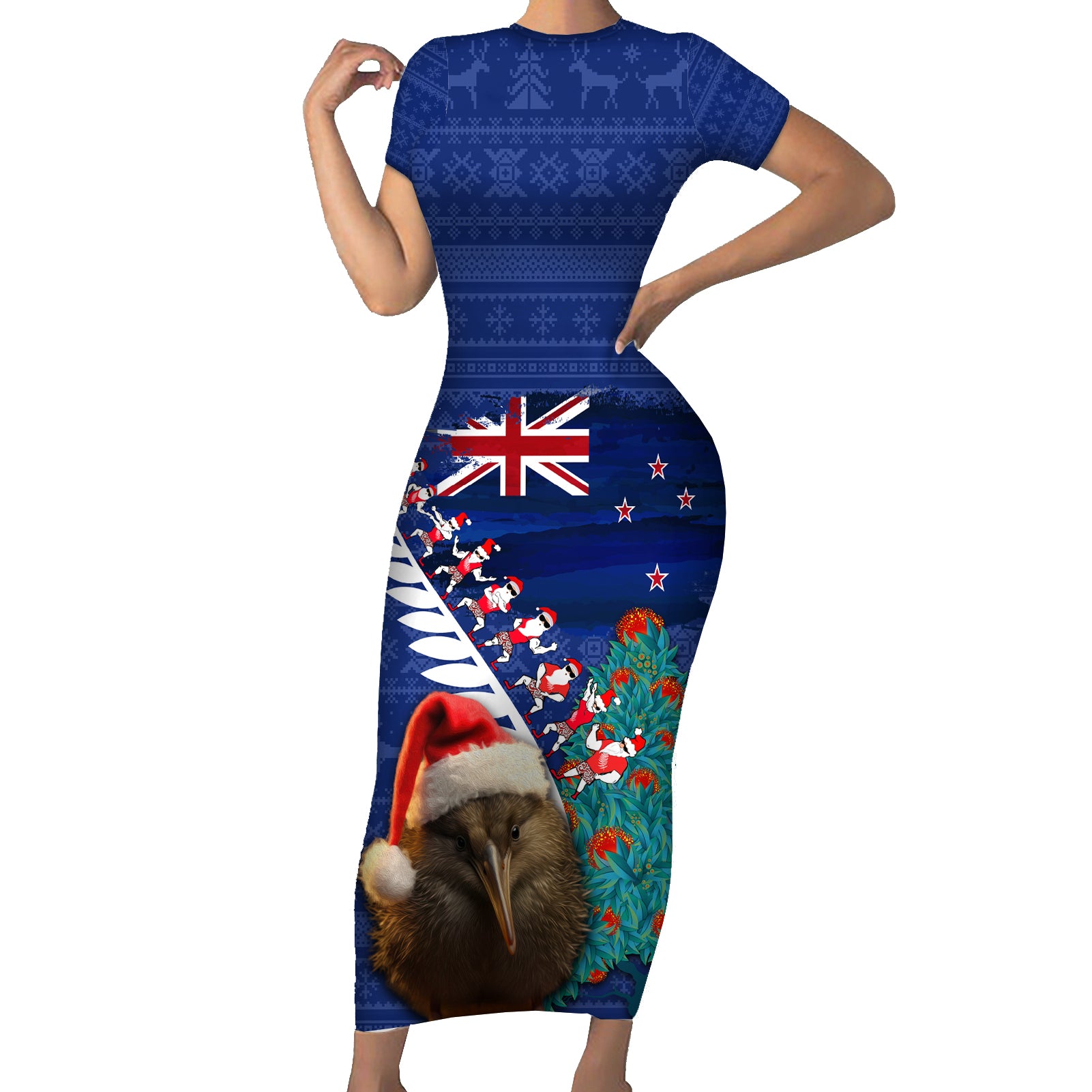 New Zealand Christmas Short Sleeve Bodycon Dress Kiwi Bird Santa and Silver Fern Funny Haka Dance