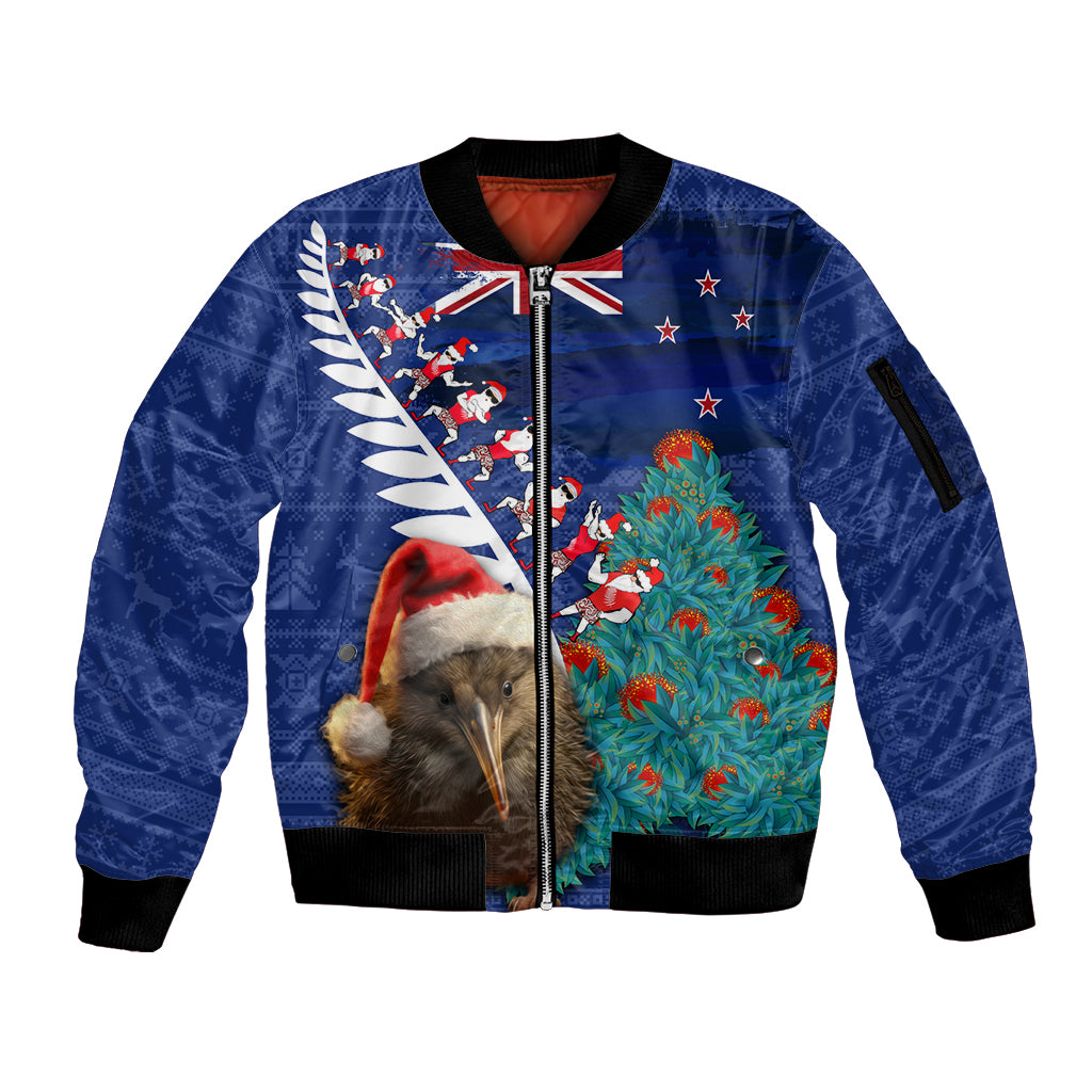 New Zealand Christmas Sleeve Zip Bomber Jacket Kiwi Bird Santa and Silver Fern Funny Haka Dance