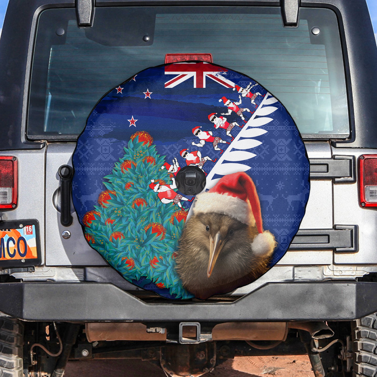 New Zealand Christmas Spare Tire Cover Kiwi Bird Santa and Silver Fern Funny Haka Dance