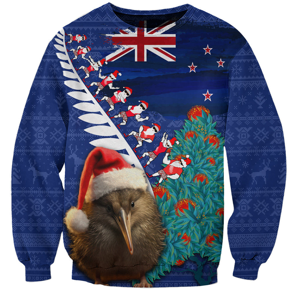 New Zealand Christmas Sweatshirt Kiwi Bird Santa and Silver Fern Funny Haka Dance