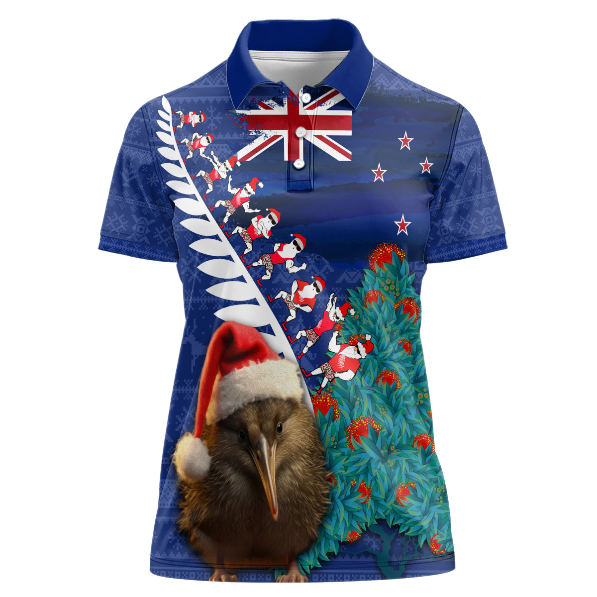 New Zealand Christmas Women Polo Shirt Kiwi Bird Santa and Silver Fern Funny Haka Dance